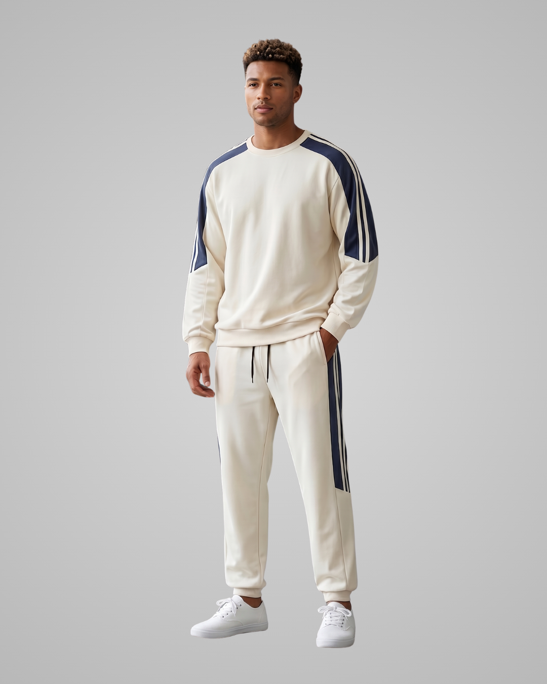 Man wearing a cream tracksuit with navy stripes on a gray background