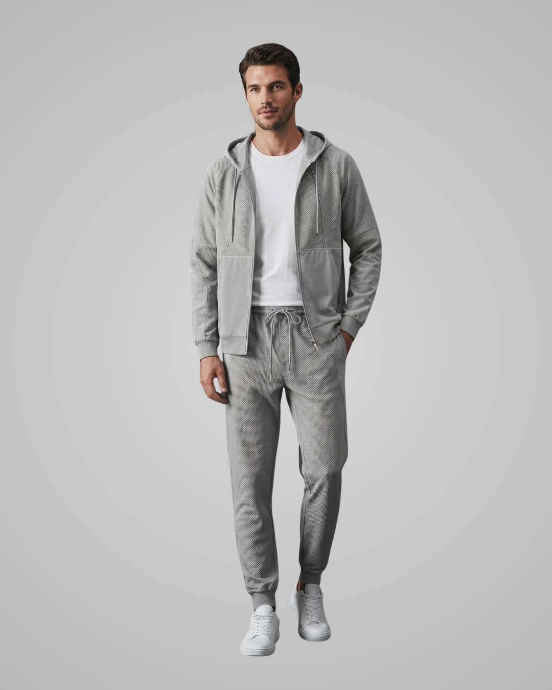 Man wearing a light gray tracksuit with a white shirt underneath on a light gray background