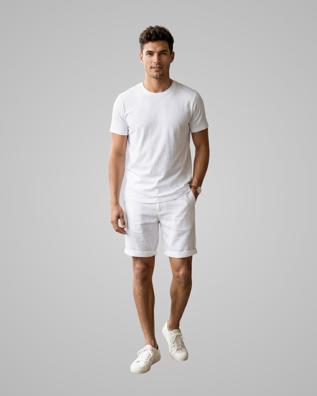 Man wearing a white t-shirt and shorts with white sneakers on a gray background
