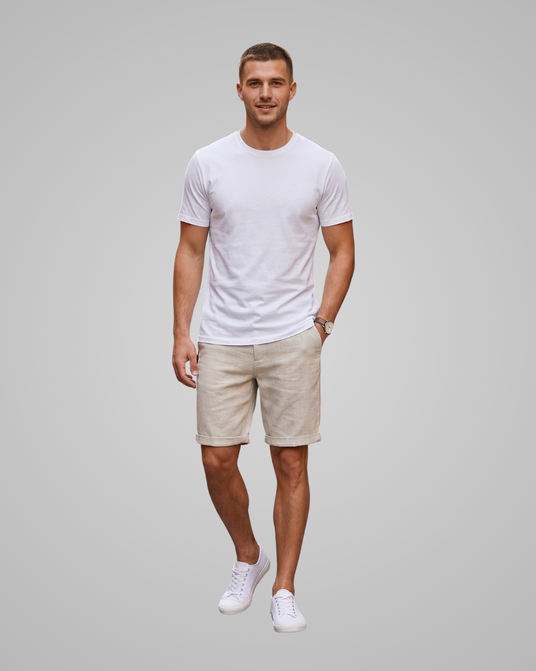 Man wearing a white t-shirt, beige shorts, and white sneakers on a gray background