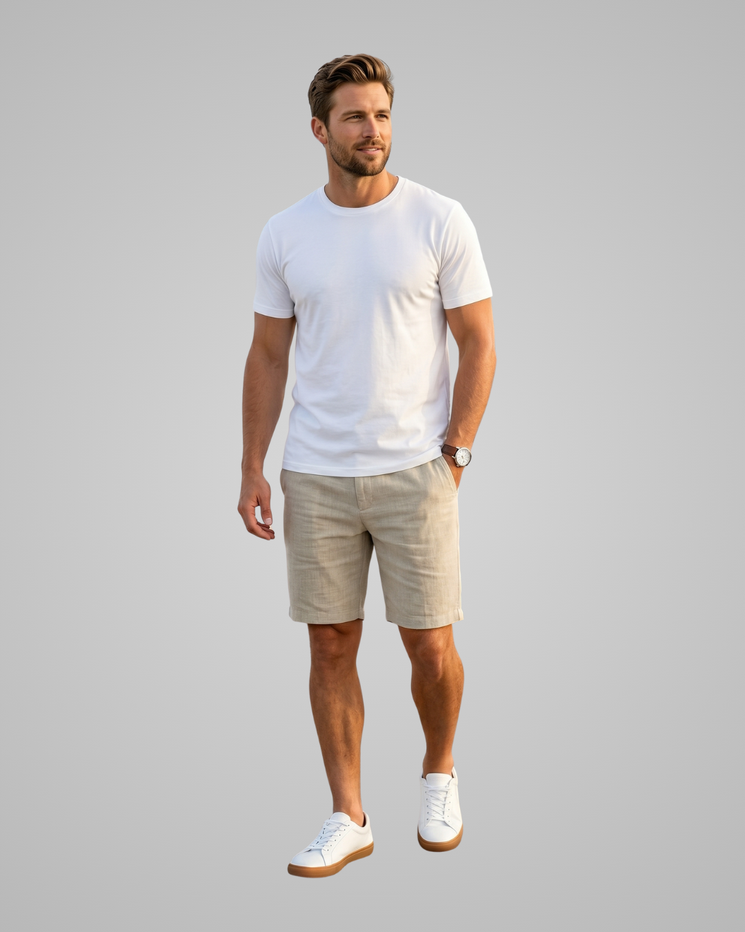 Man wearing a white t-shirt and beige shorts on a gray background