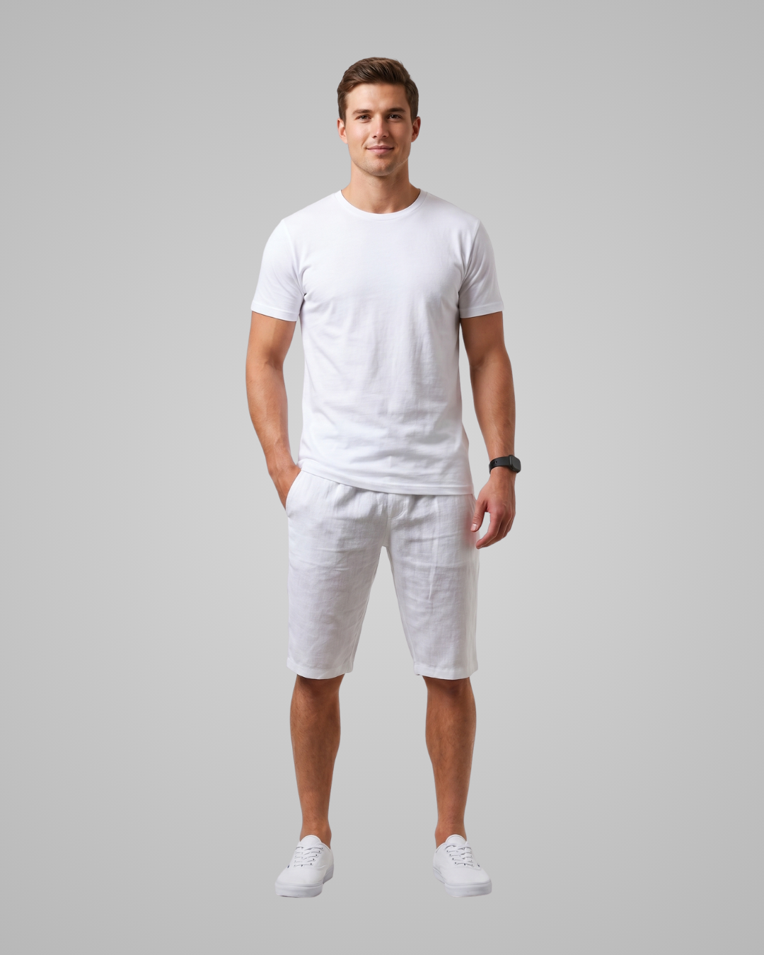 Man wearing a white t-shirt and shorts on a gray background