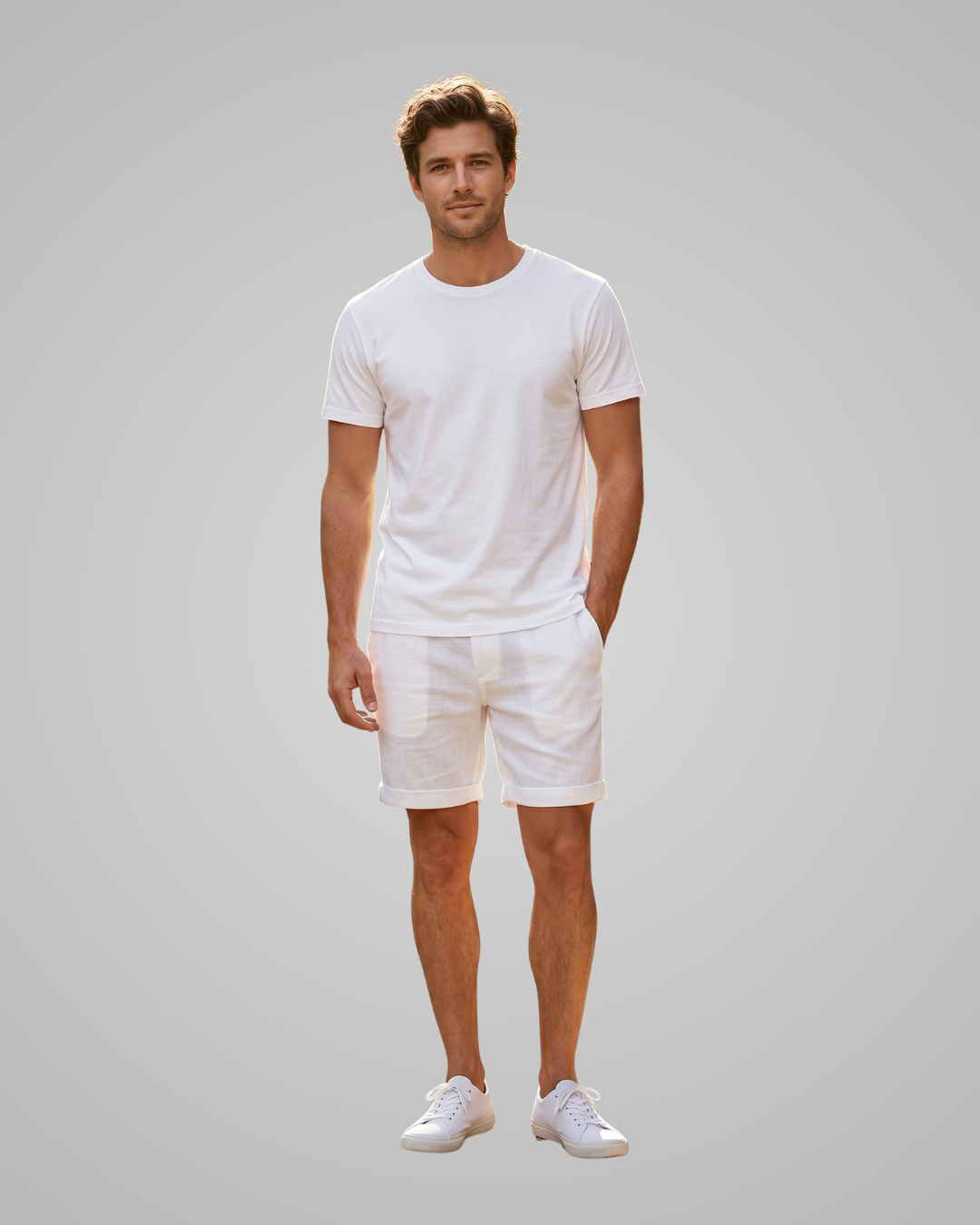 Man wearing a white t-shirt and shorts set on a gray background
