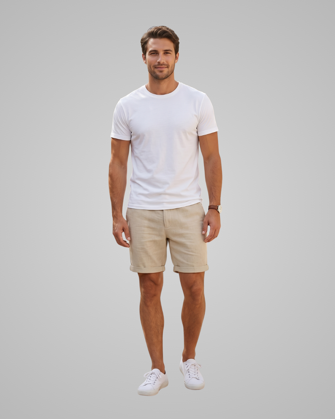 Man wearing a white t-shirt and beige shorts on a gray background