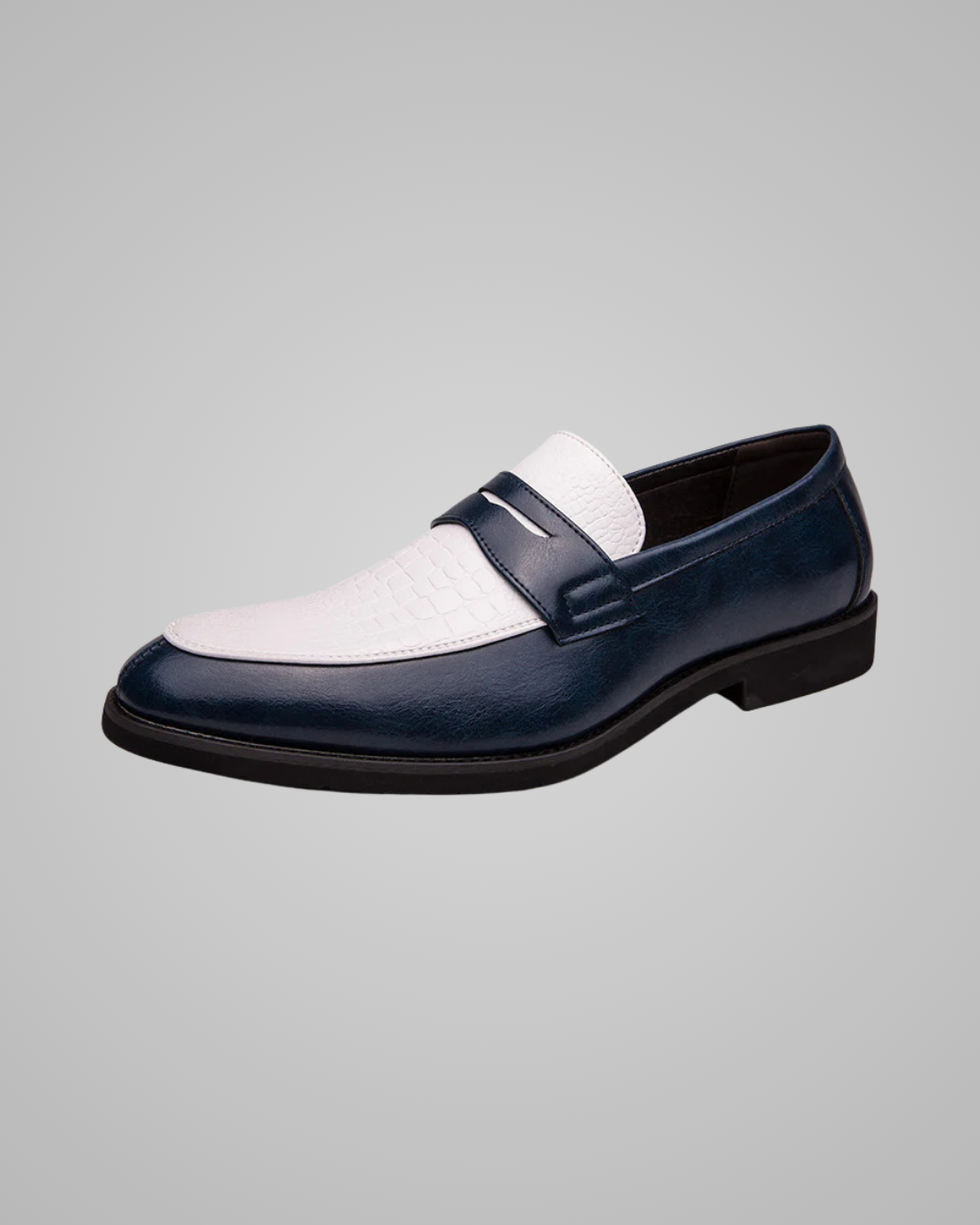 Navy and white loafer shoe on a gray background