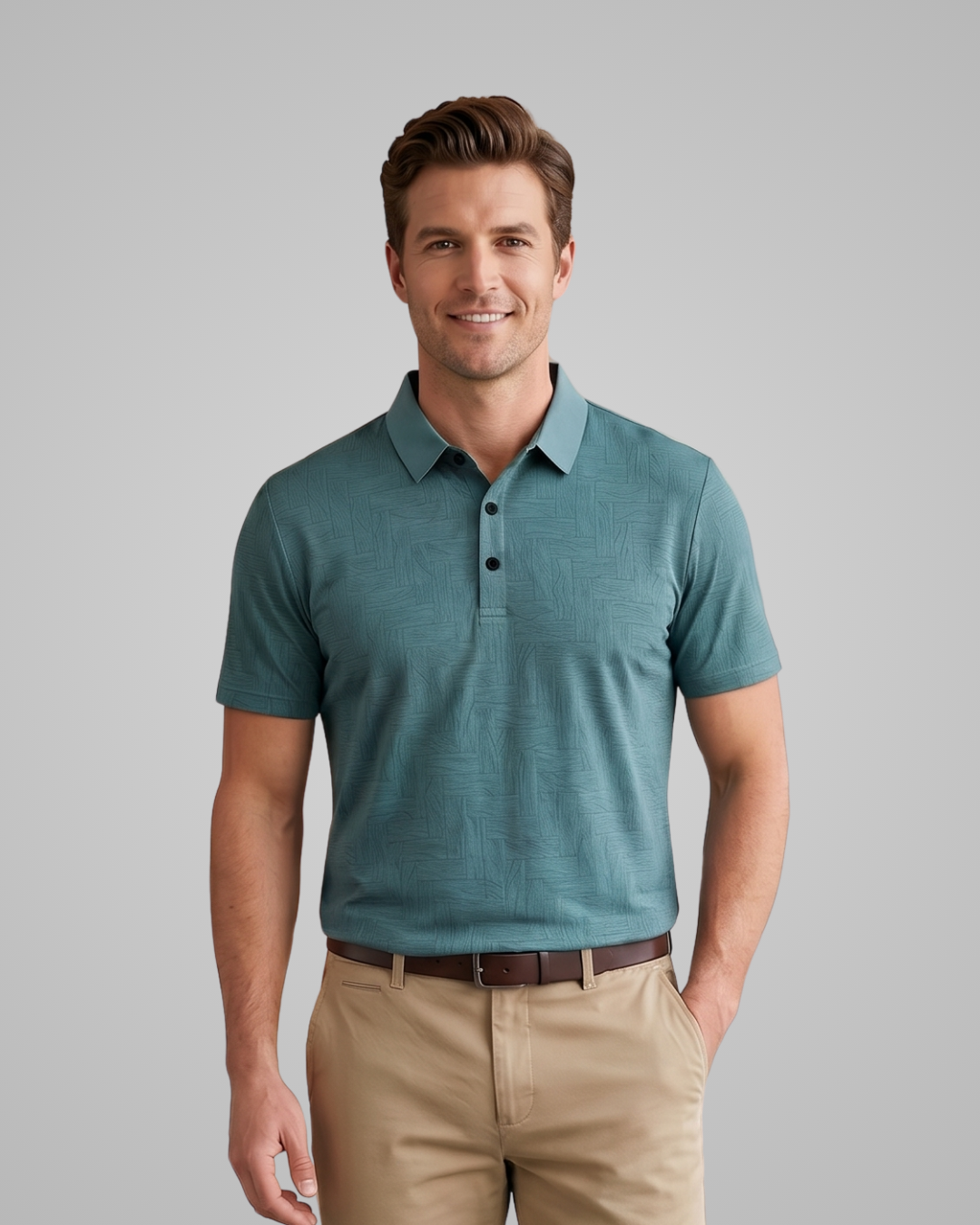 Man wearing a teal polo shirt and beige pants on a gray background
