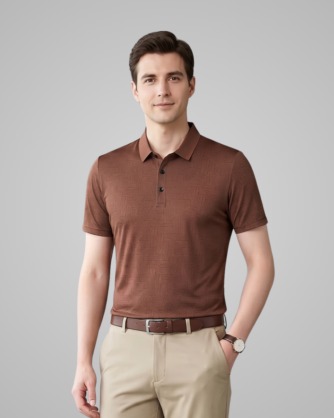 Man wearing a brown polo shirt and beige pants against a gray background