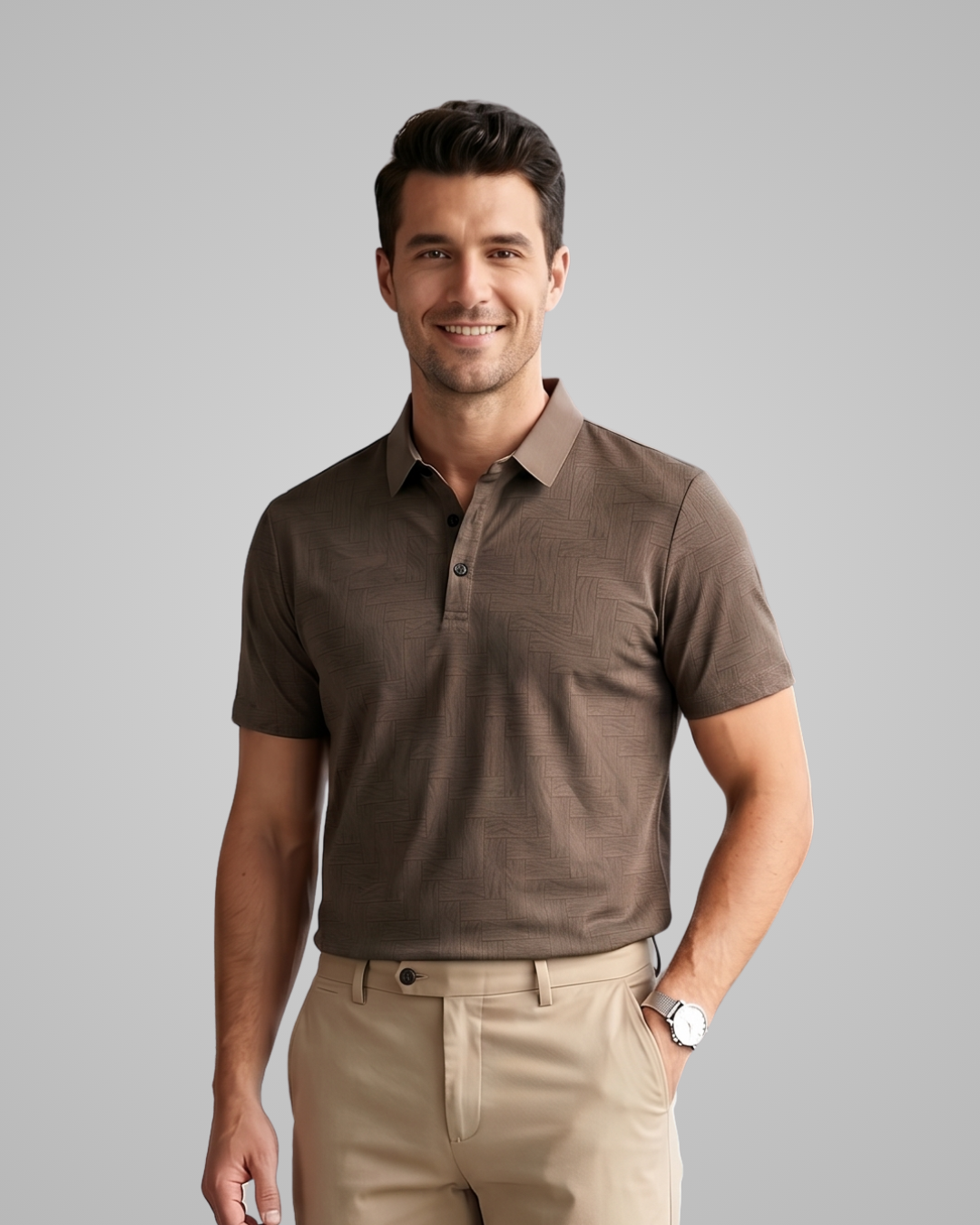 Man wearing a brown polo shirt and beige pants on a gray background