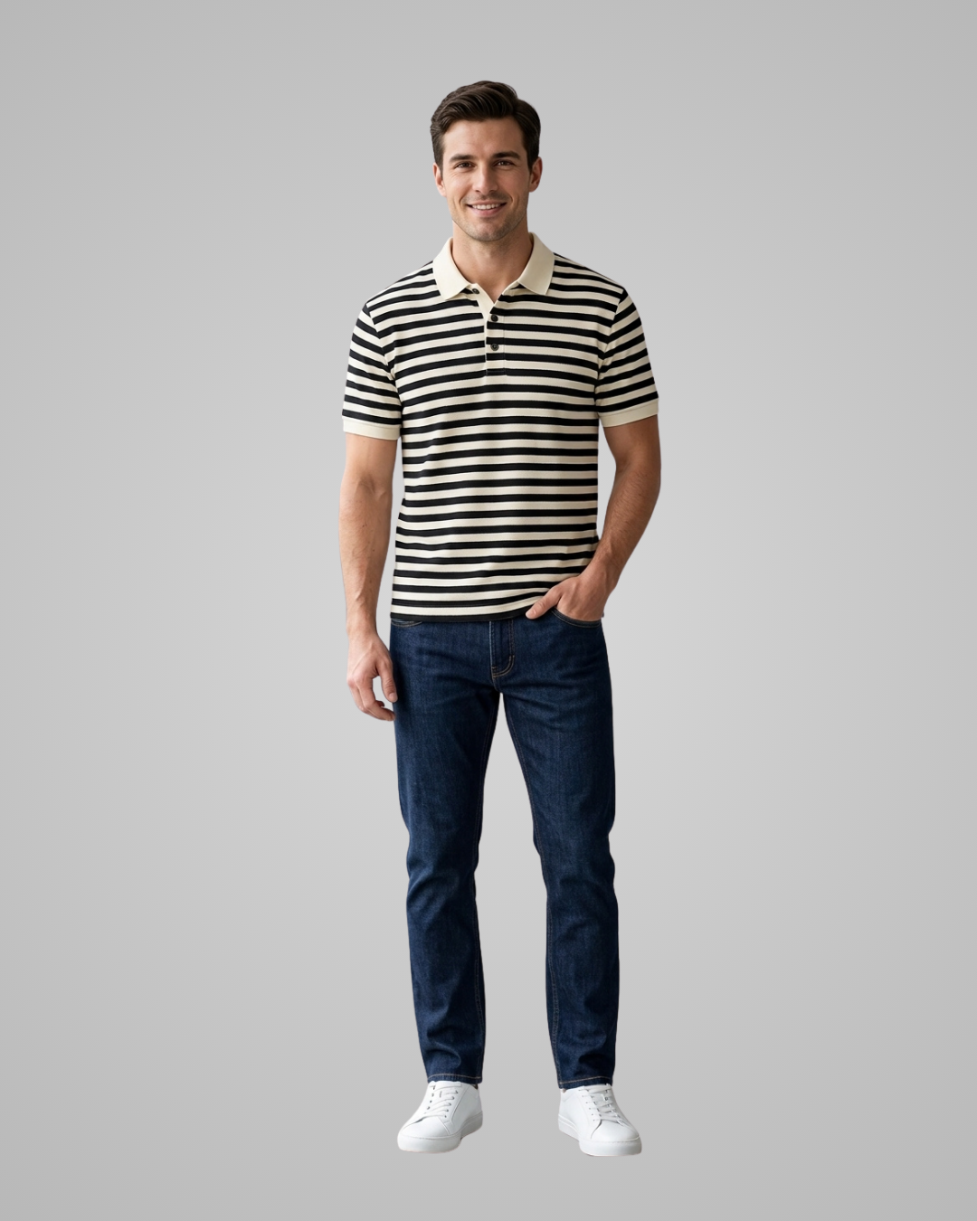 A man modeling a short-sleeve polo shirt with horizontal black and cream stripes, paired with dark blue jeans and white sneakers, against a solid gray background.