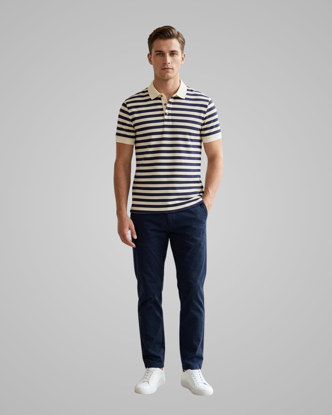 A man modeling a short-sleeve polo shirt with navy and cream horizontal stripes, paired with dark blue trousers and white sneakers, against a solid gray background.