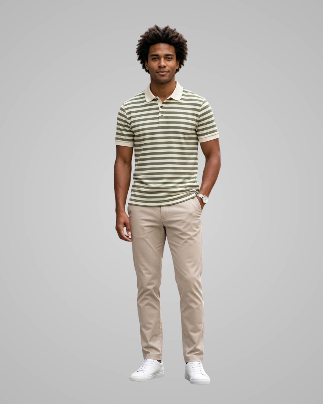 A man modeling a short-sleeve polo shirt with horizontal olive green and beige stripes, paired with beige trousers and white sneakers, against a solid gray background.