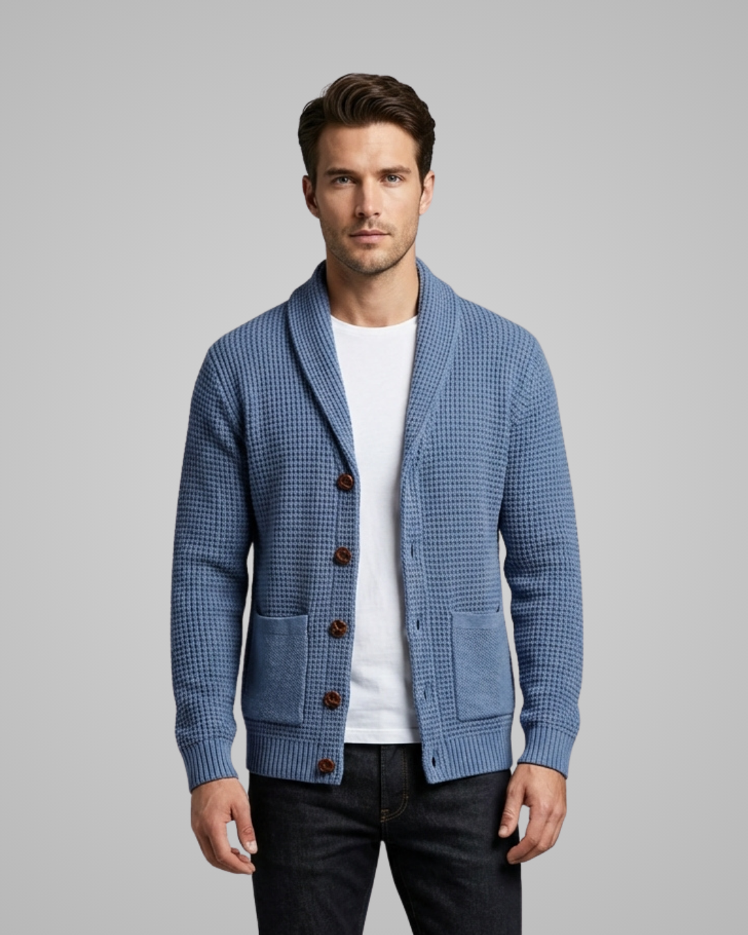 Man wearing a blue checkered cardigan over a white shirt on a gray background