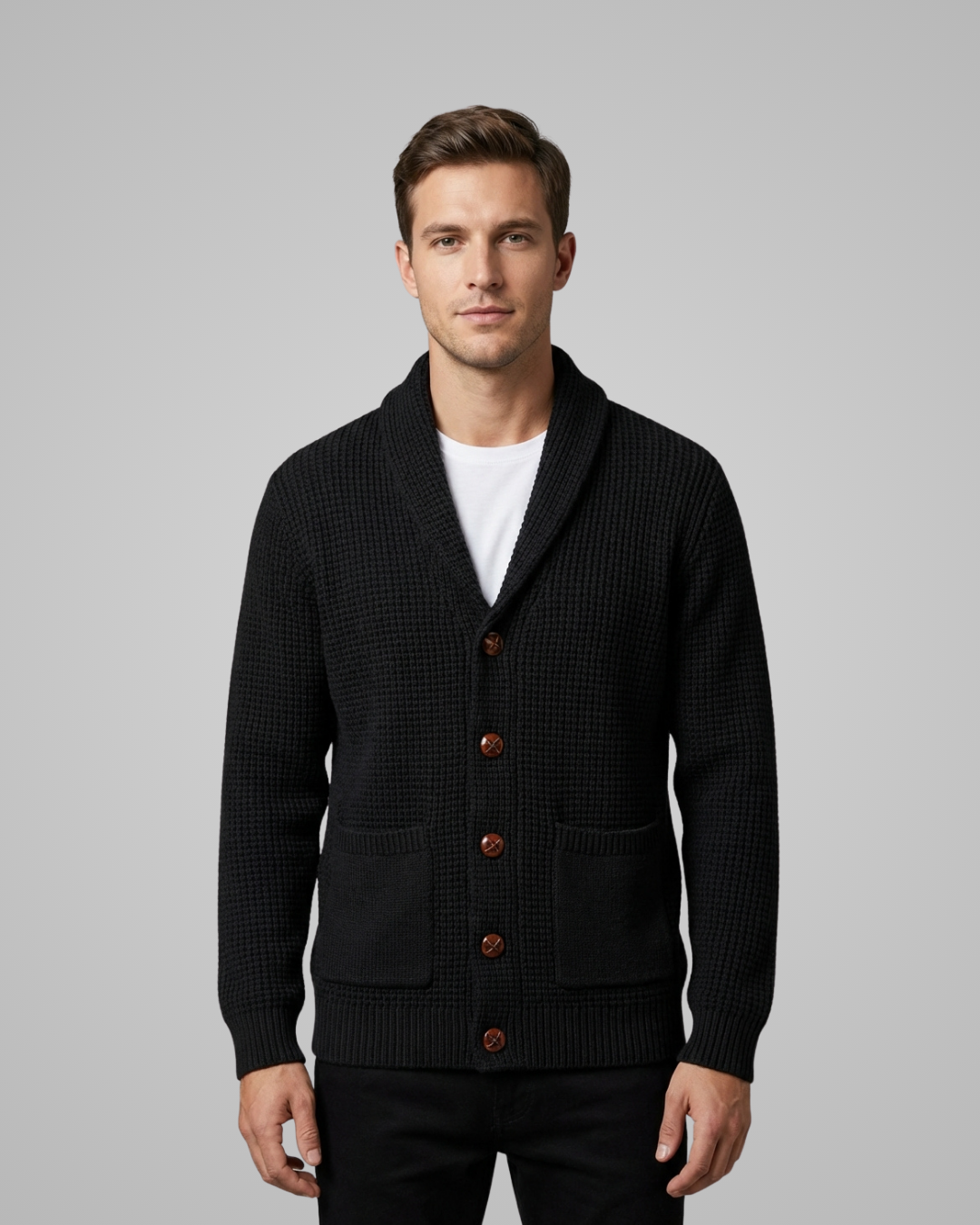 Man wearing a black cardigan over a white shirt on a gray background