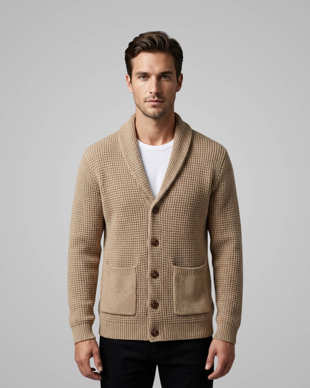 Man wearing a beige cardigan over a white shirt on a gray background