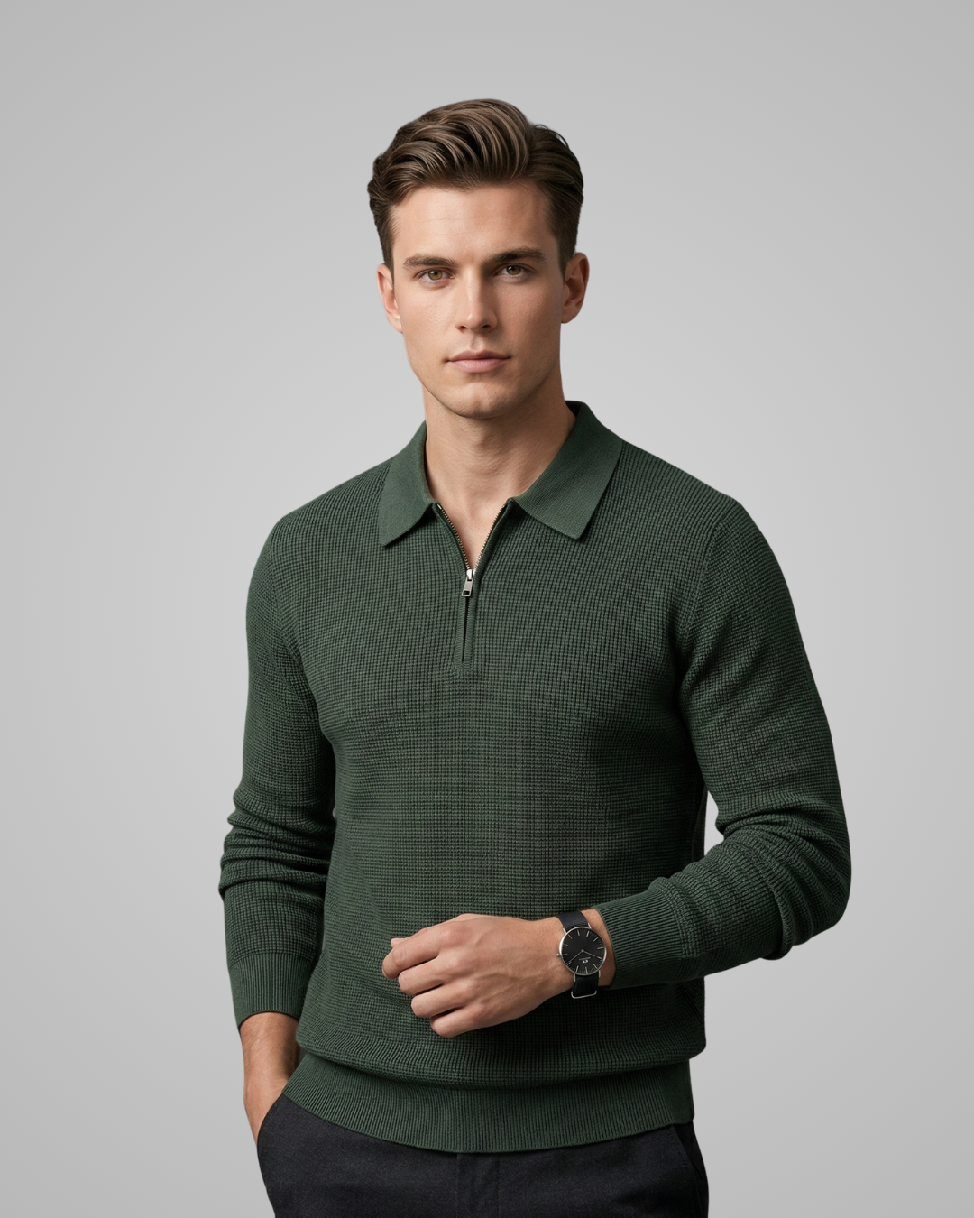 Man wearing a green sweater with a collar against a gray background