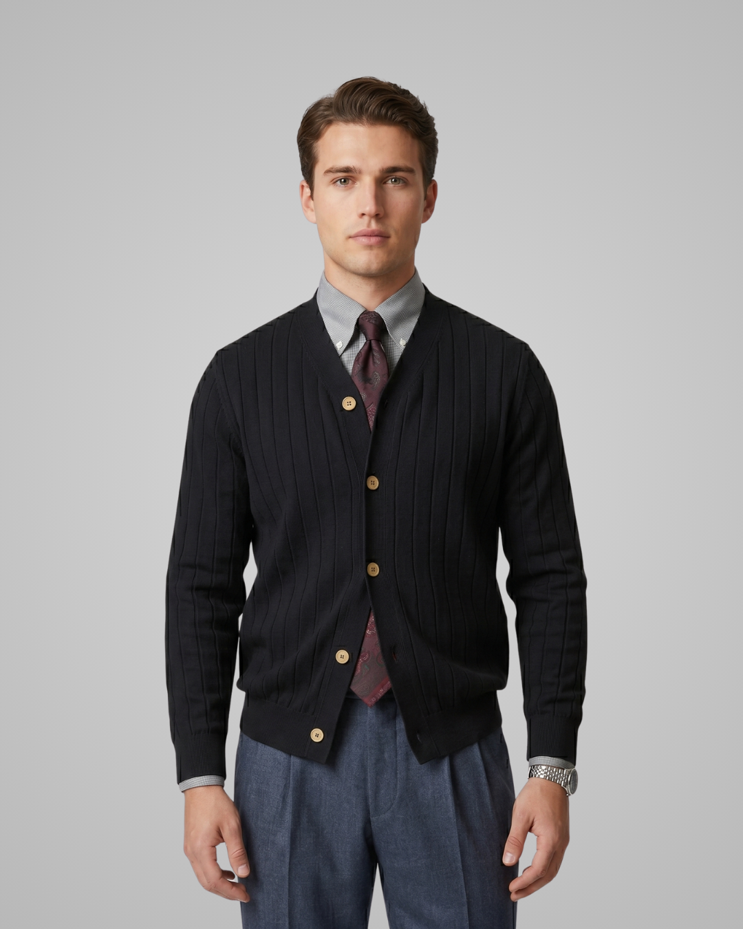 Man wearing a dark ribbed cardigan over a shirt with a tie on a gray background