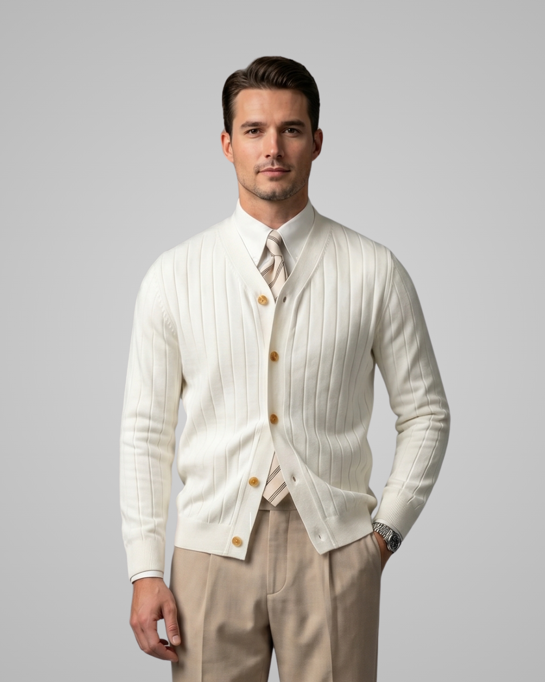 Man wearing a white ribbed cardigan over a shirt with a tie, standing against a plain background.