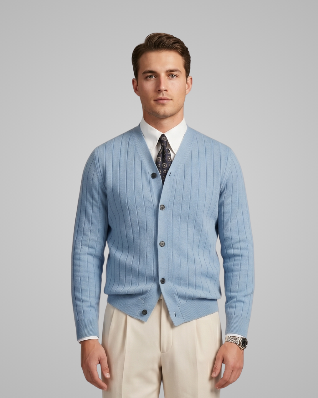 Man wearing a light blue cardigan over a white shirt with a patterned tie on a gray background