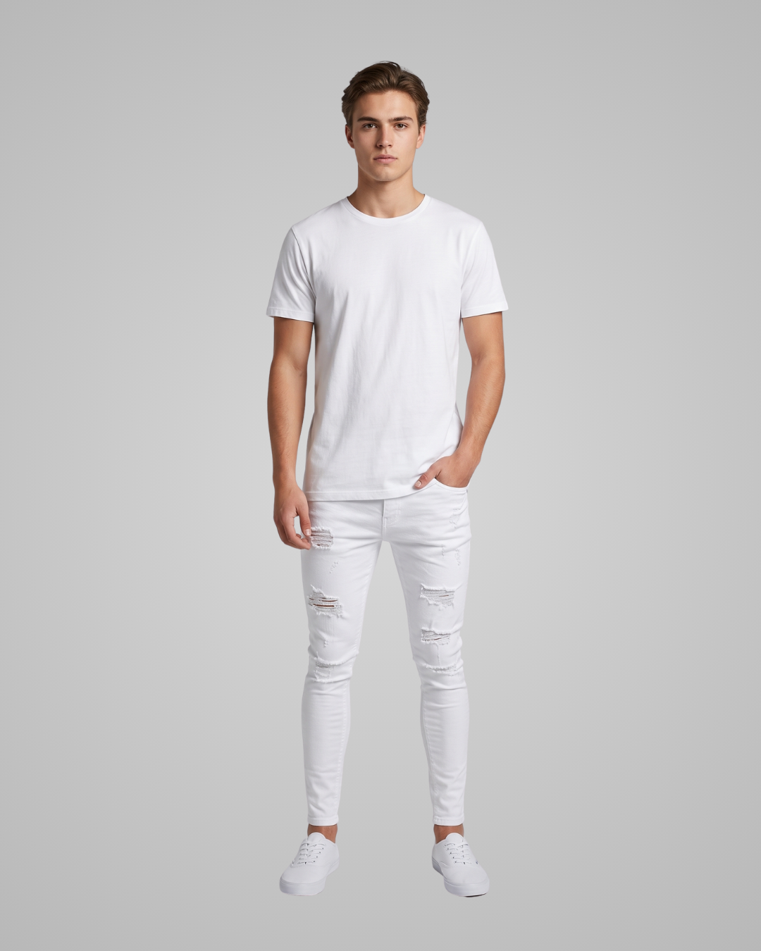 A man modeling a white crew-neck t-shirt, white distressed skinny jeans, and white sneakers against a solid gray studio background.