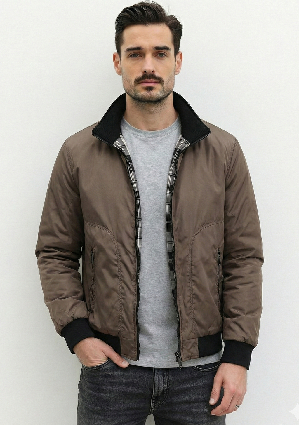 Lightweight Jacket with Stand Collar and Plaid Inner Lining | Ryan – Mocha Brown