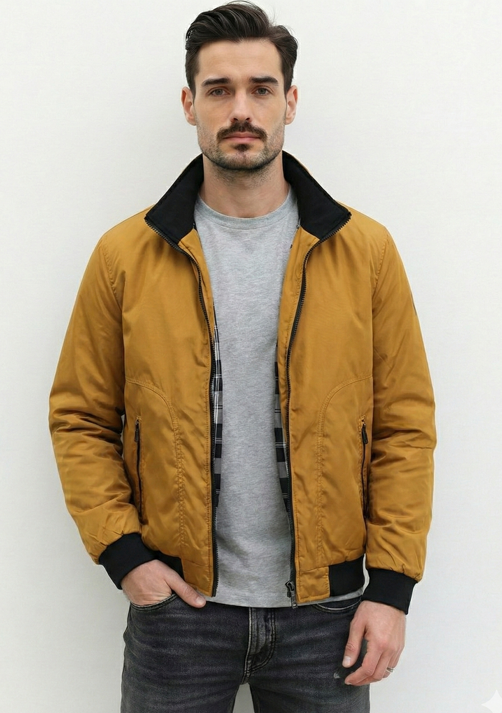 Lightweight Jacket with Stand Collar and Plaid Inner Lining | Owen – Mustard Yellow