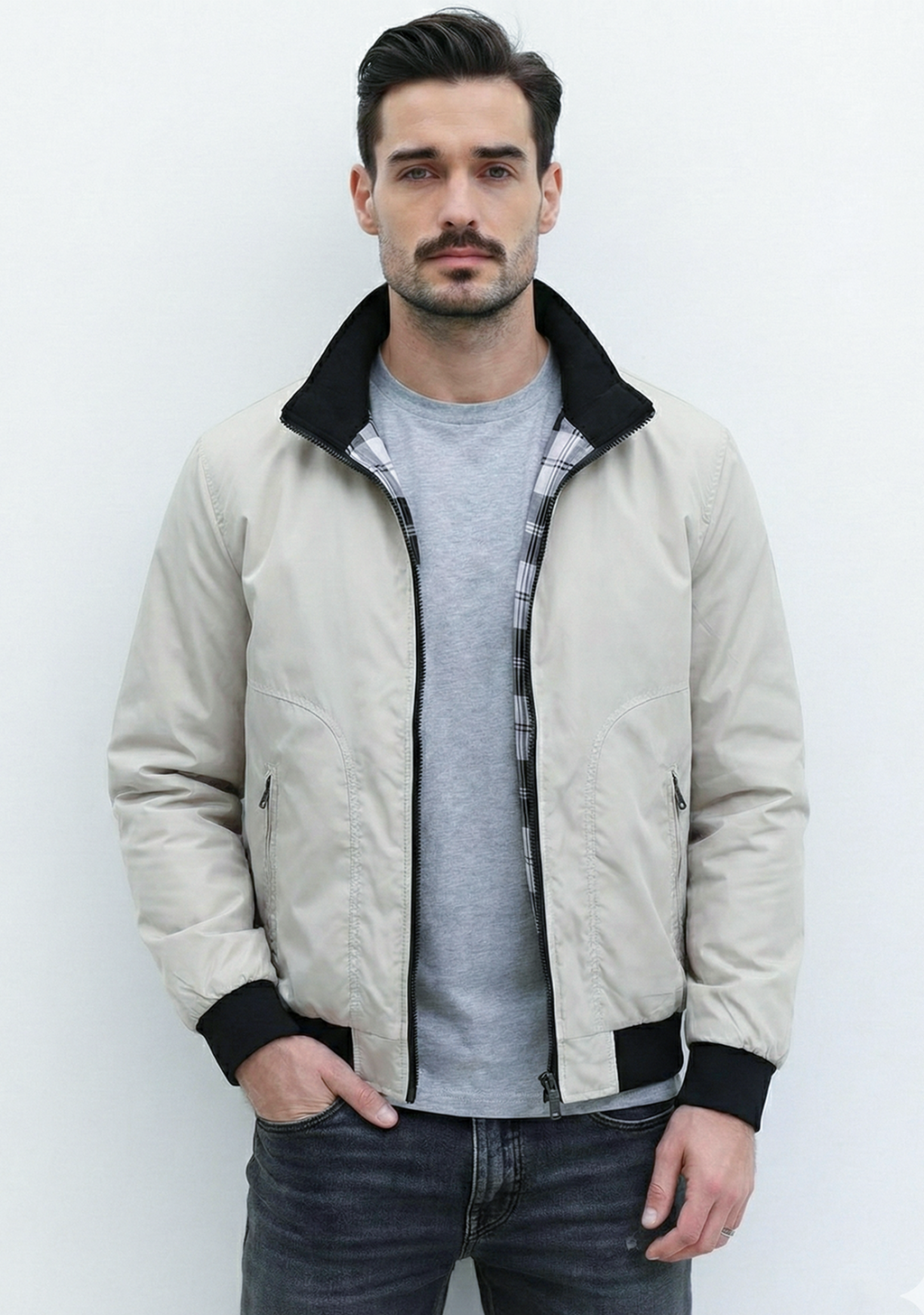 Lightweight Jacket with Stand Collar and Plaid Inner Lining | Daniel – Cream