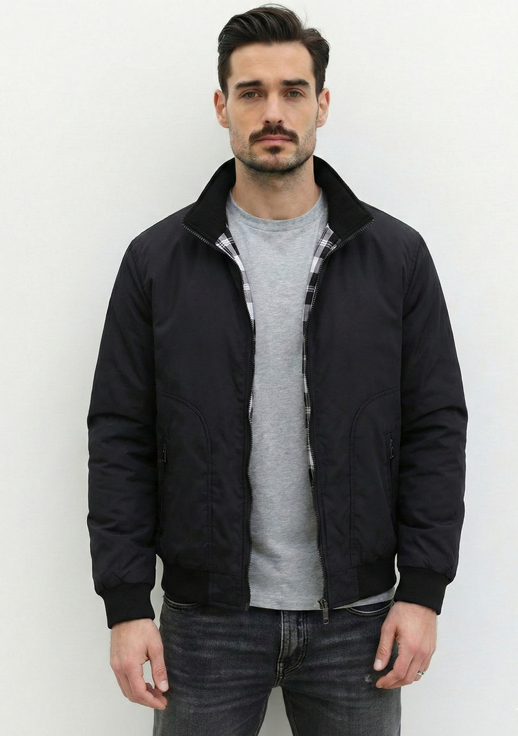 Lightweight Jacket with Stand Collar and Plaid Inner Lining | Marc – Black