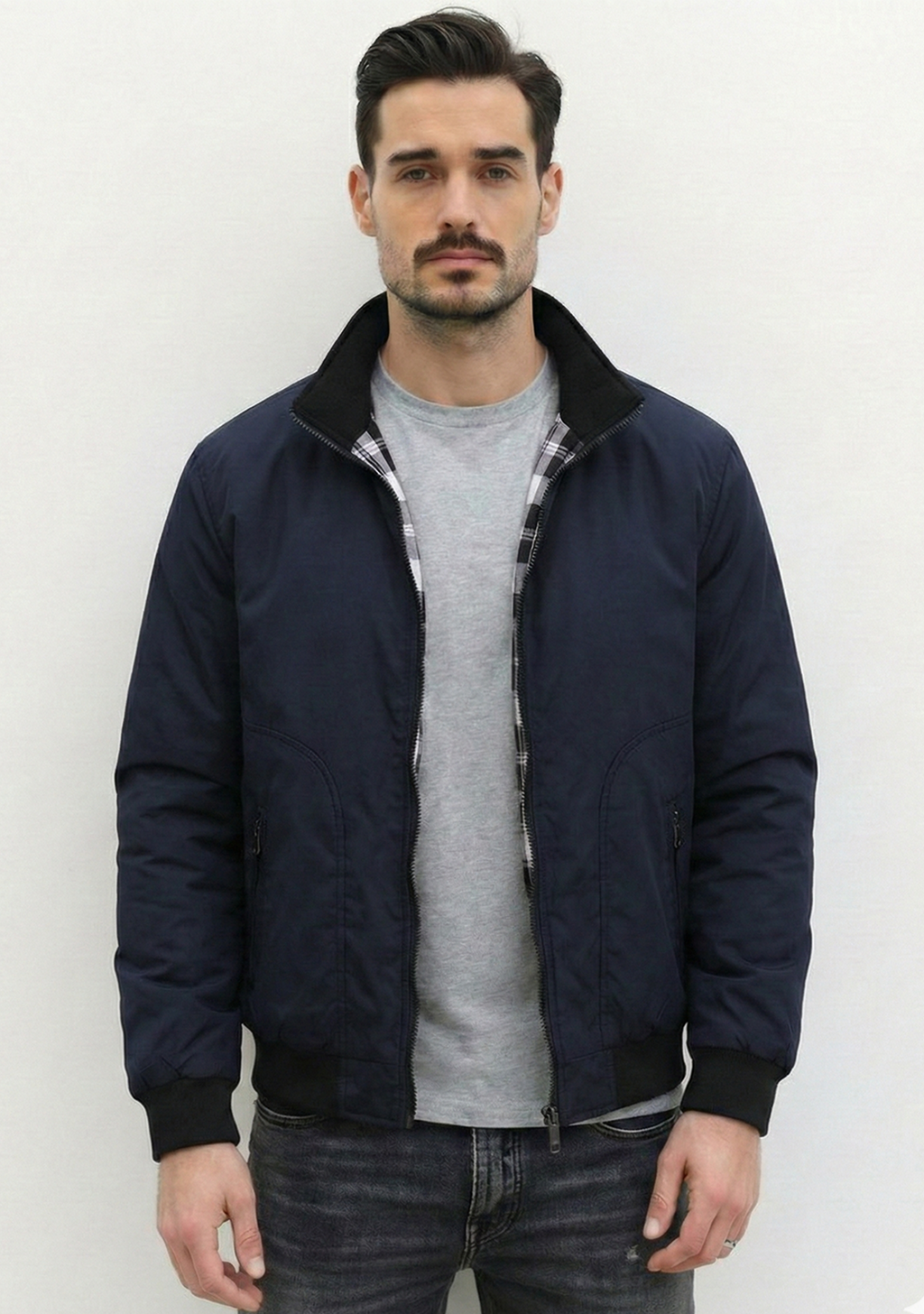 Lightweight Jacket with Stand Collar and Plaid Inner Lining | Connor – Navy Blue
