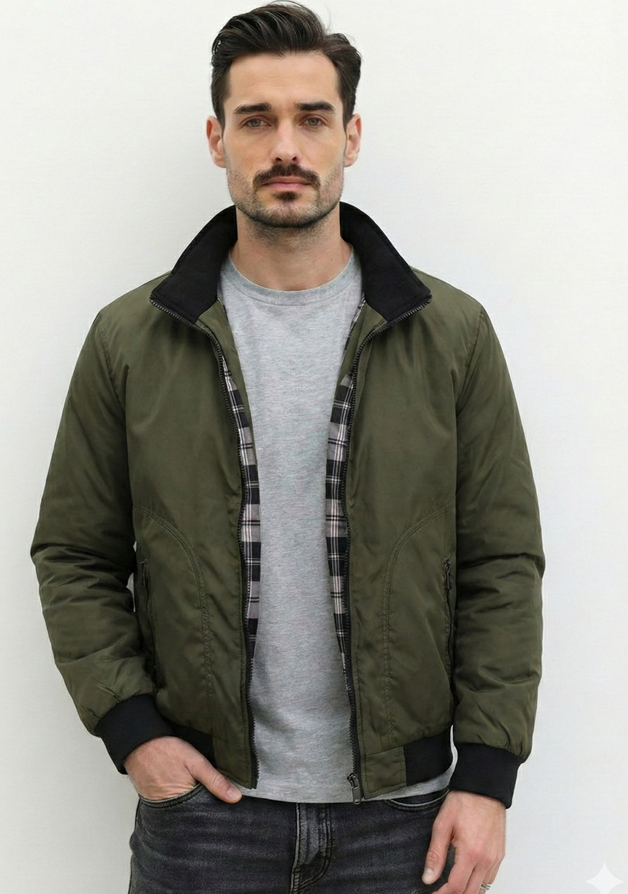 Lightweight Jacket with Stand Collar and Plaid Inner Lining | Adrian – Forest Green