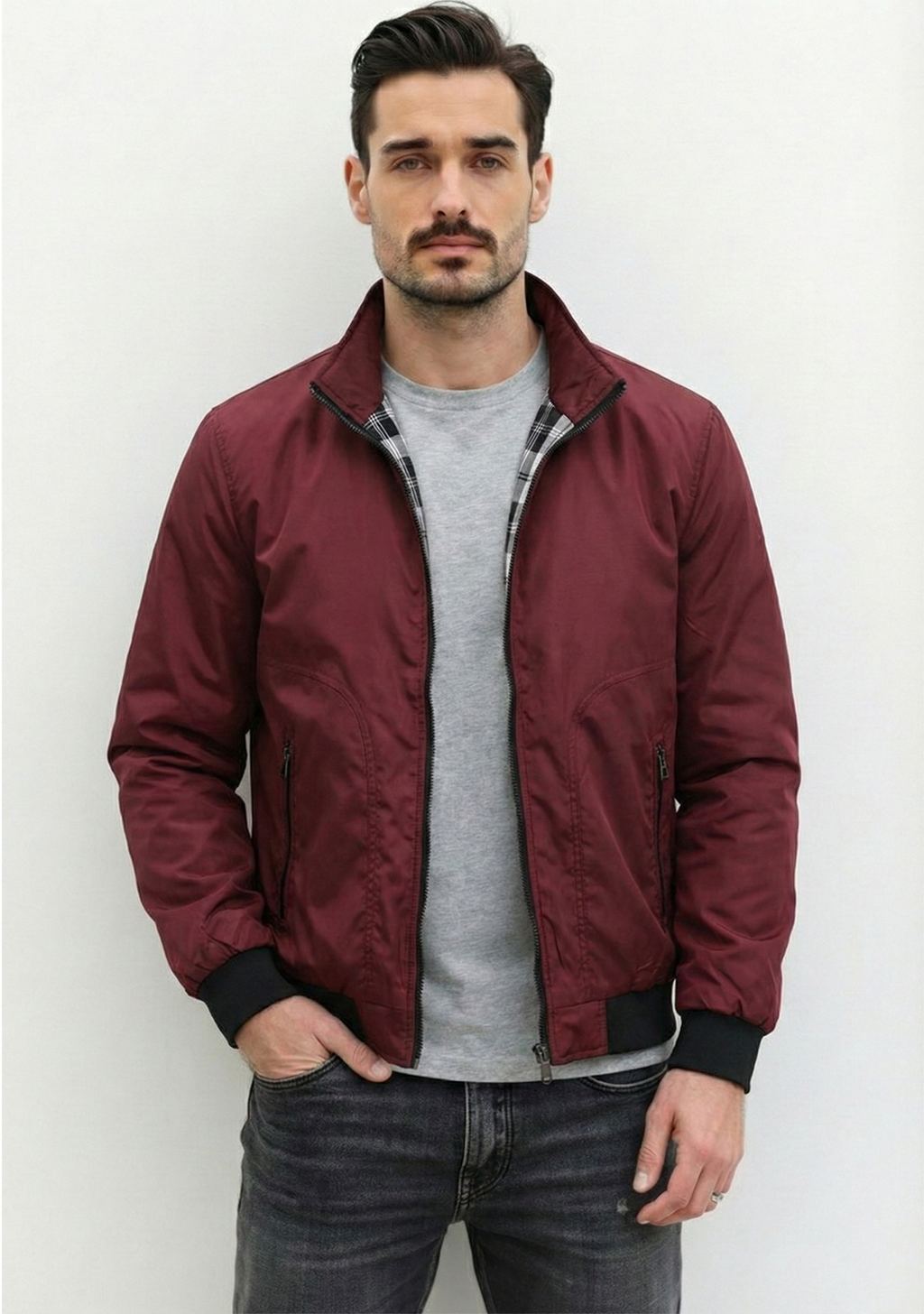 Lightweight Jacket with Stand Collar and Plaid Inner Lining | Ethan – Brick Red