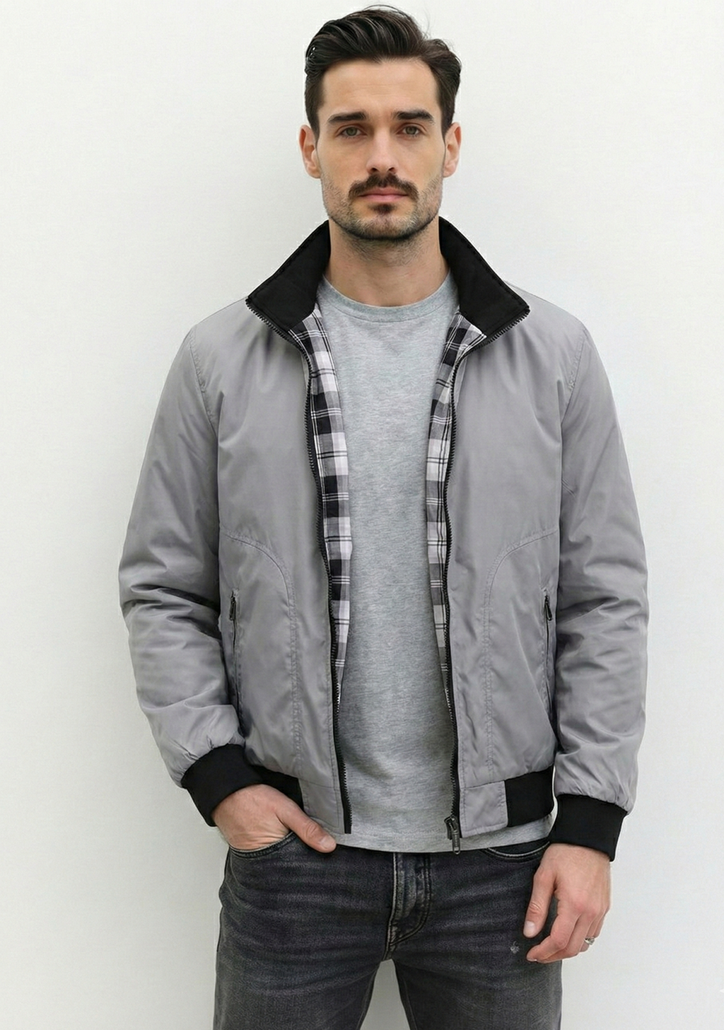 Lightweight Jacket with Stand Collar and Plaid Inner Lining | Lucas – Light Gray