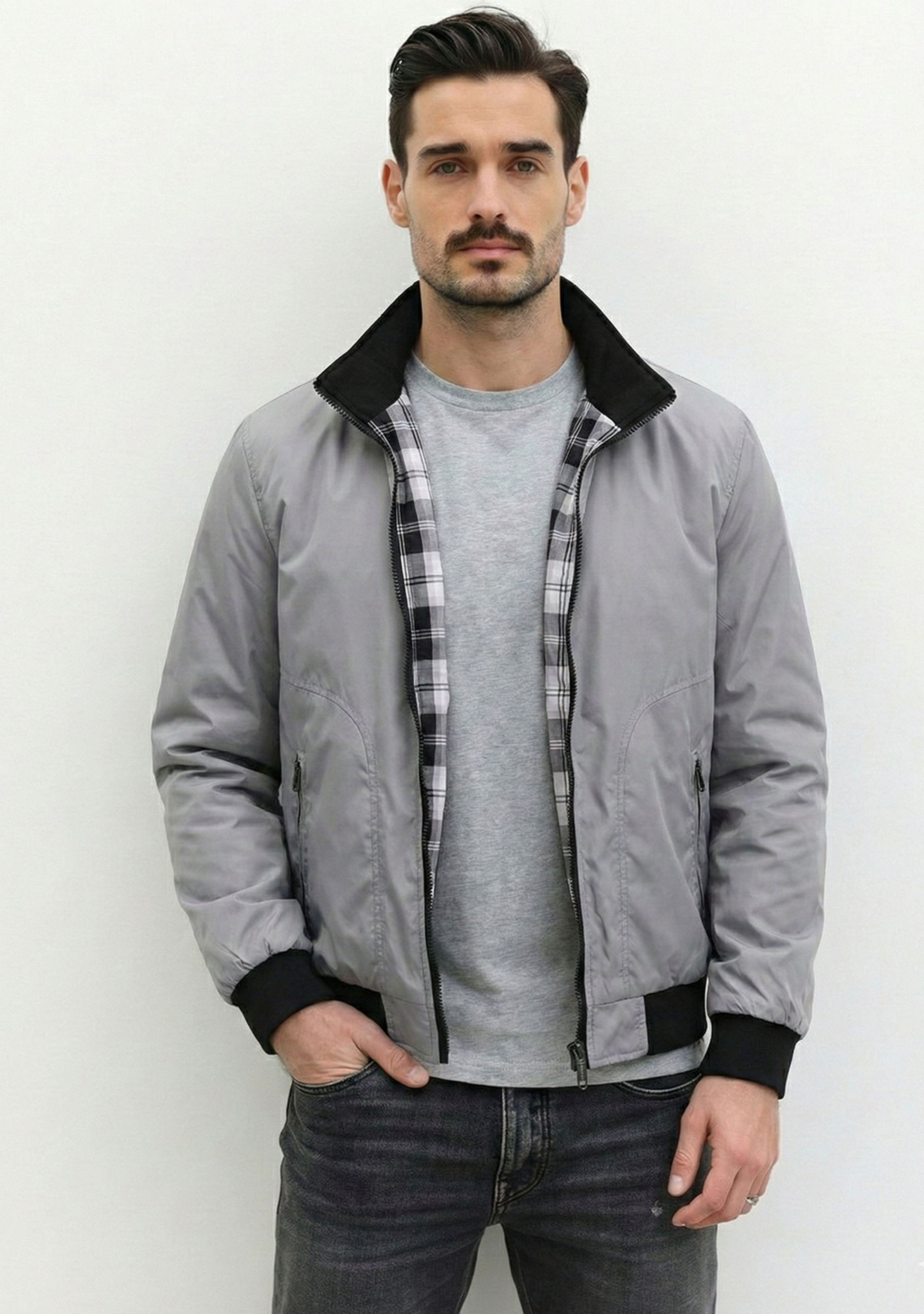 Lightweight Jacket with Stand Collar and Plaid Inner Lining | Lucas – Light Gray