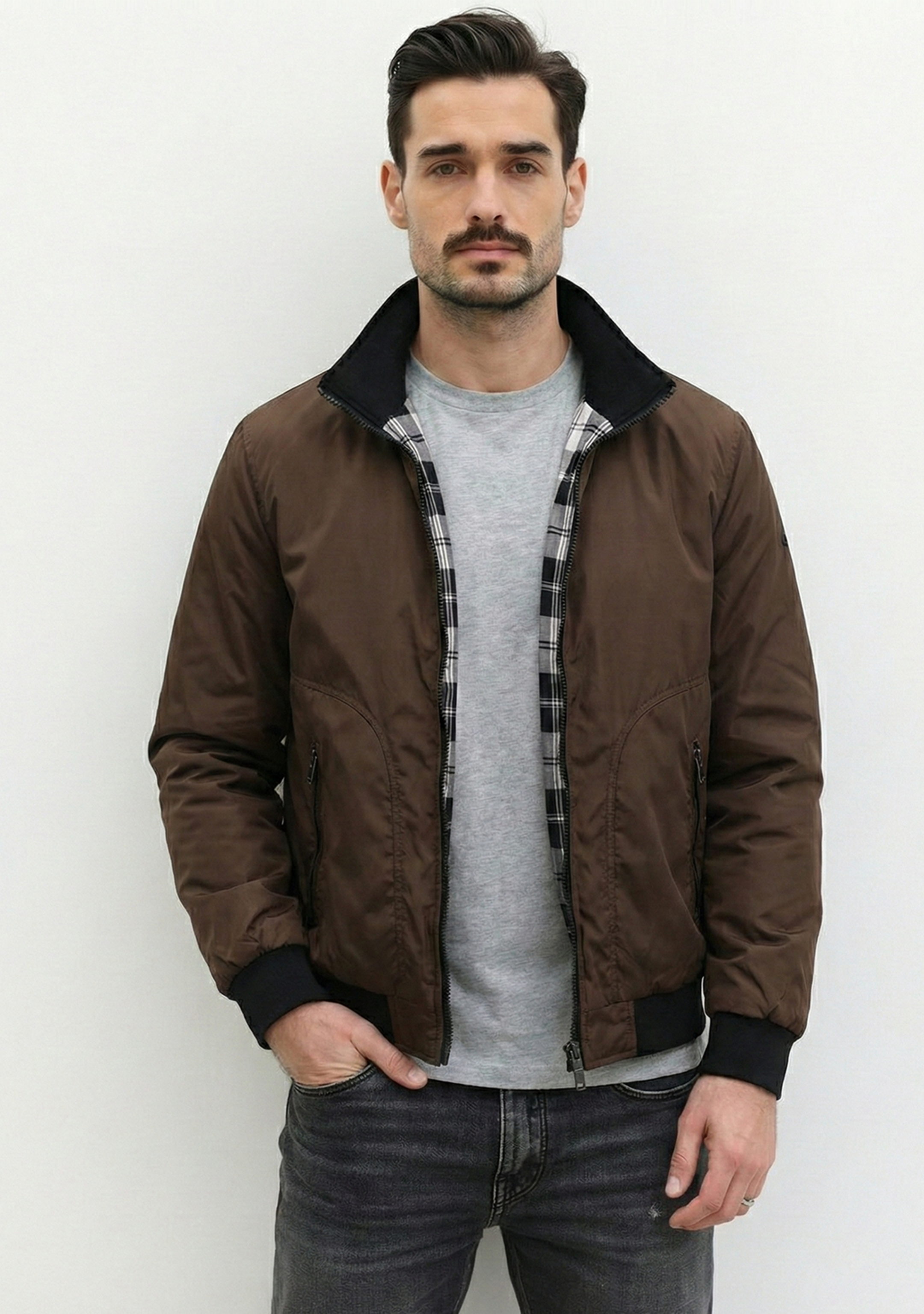 Lightweight Jacket with Stand Collar and Plaid Inner Lining | Mason – Coffee Brown