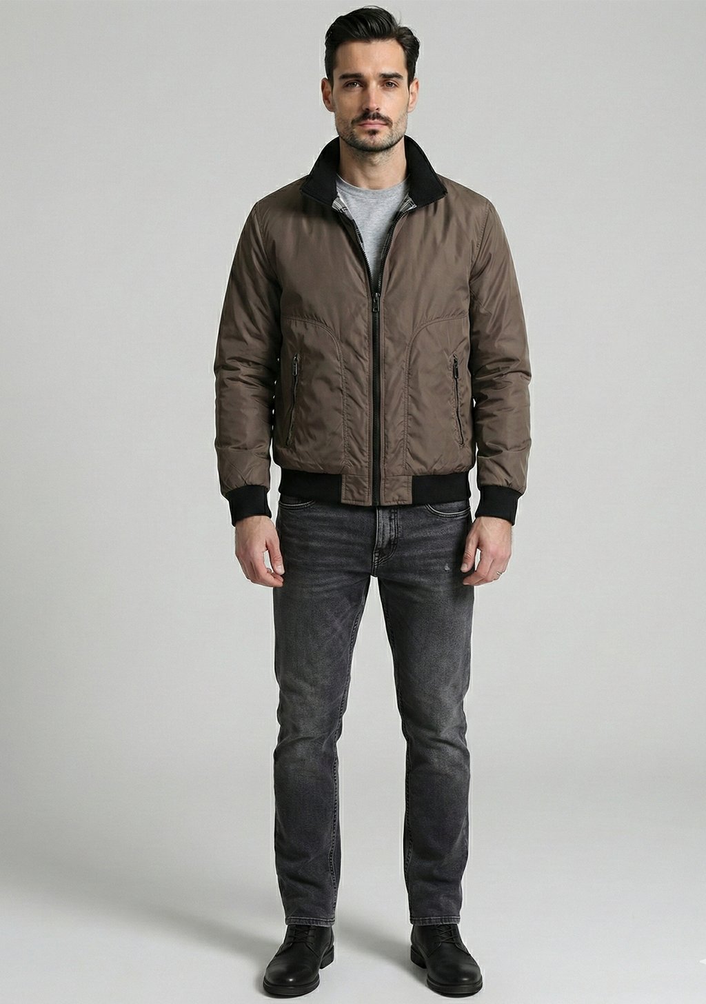 Lightweight Jacket with Stand Collar and Plaid Inner Lining | Ryan – Mocha Brown