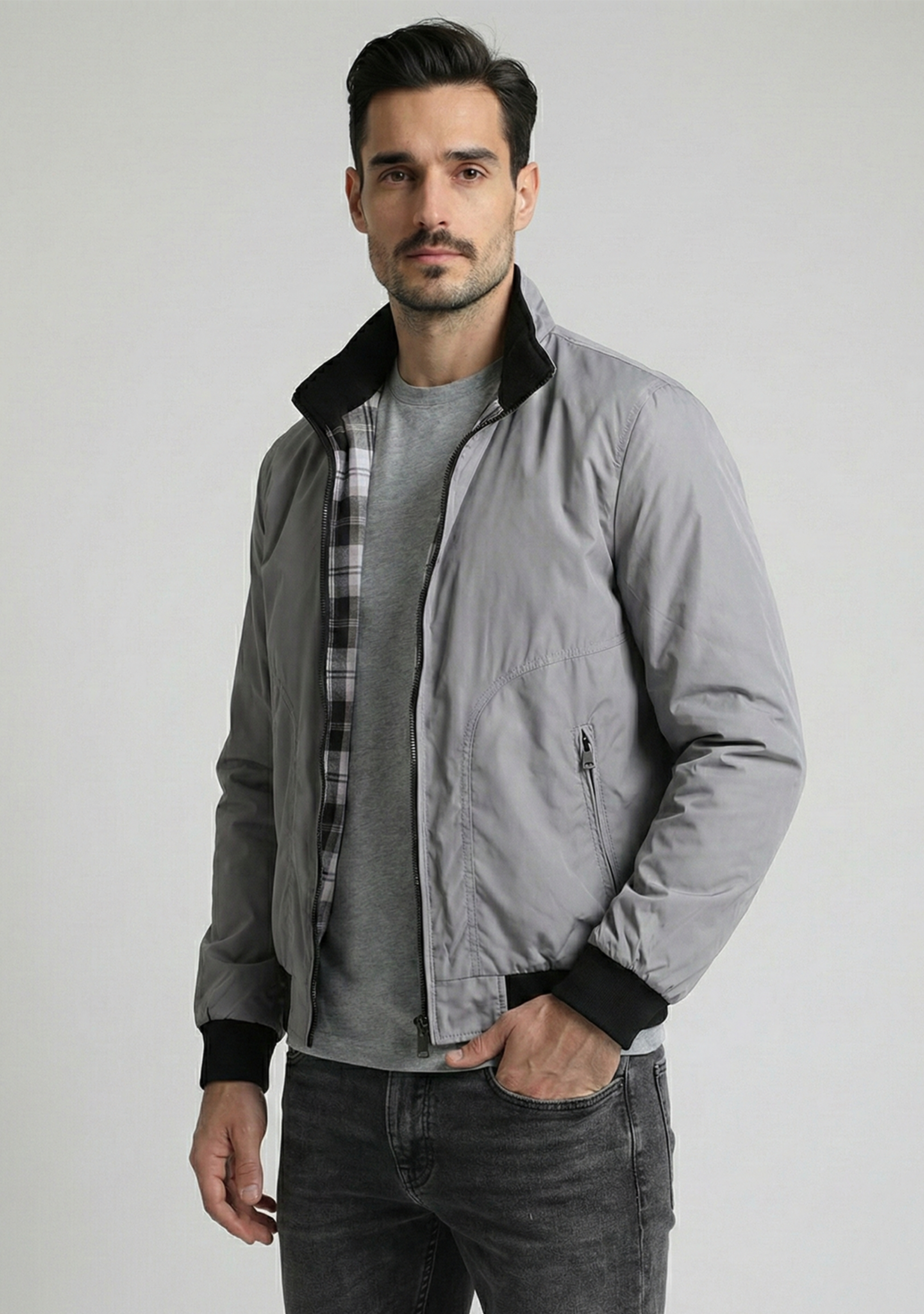 Lightweight Jacket with Stand Collar and Plaid Inner Lining | Lucas – Light Gray