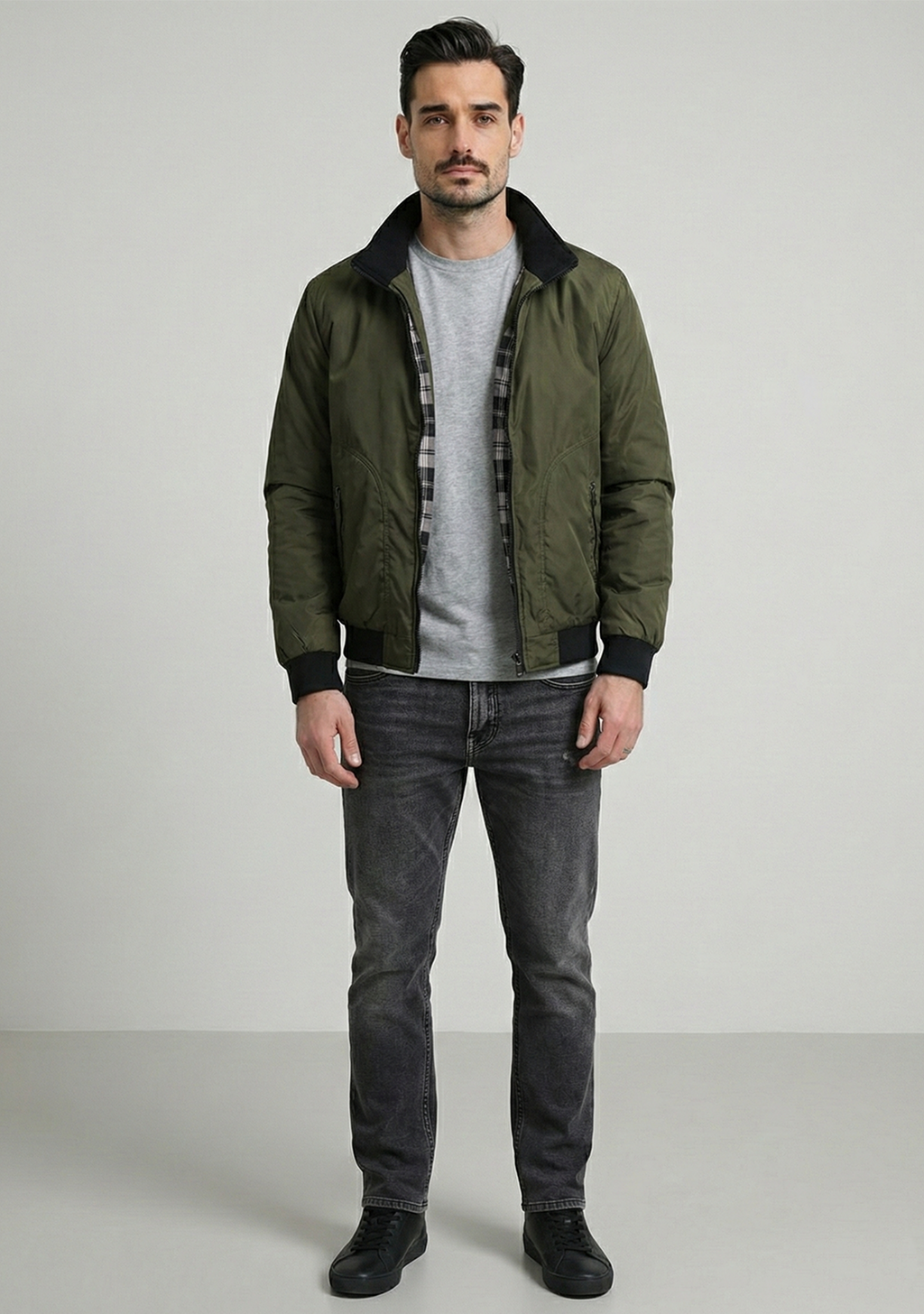 Lightweight Jacket with Stand Collar and Plaid Inner Lining | Adrian – Forest Green