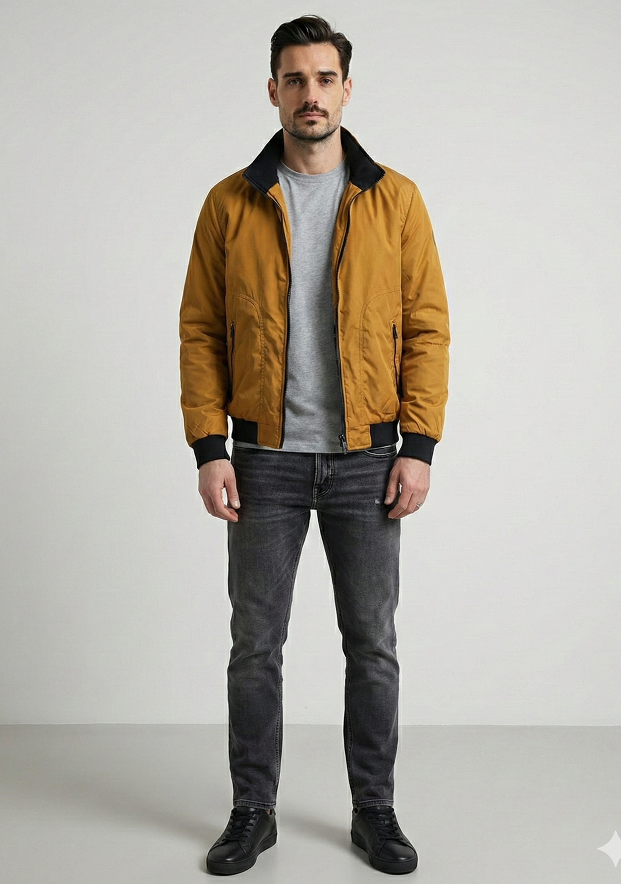 Lightweight Jacket with Stand Collar and Plaid Inner Lining | Owen – Mustard Yellow