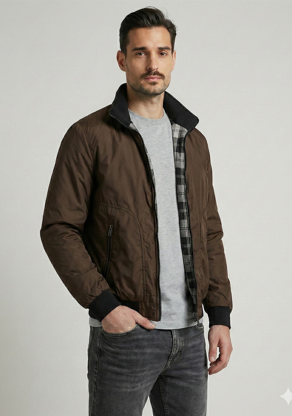 Lightweight Jacket with Stand Collar and Plaid Inner Lining | Mason – Coffee Brown