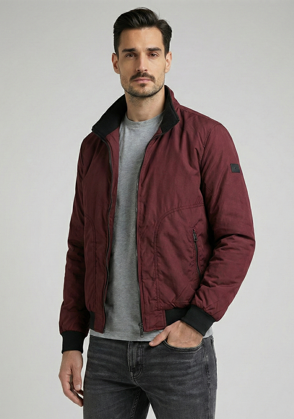 Lightweight Jacket with Stand Collar and Plaid Inner Lining | Ethan – Brick Red