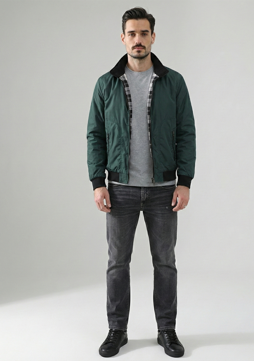 Lightweight Jacket with Stand Collar and Plaid Inner Lining | Julien – Emerald Green