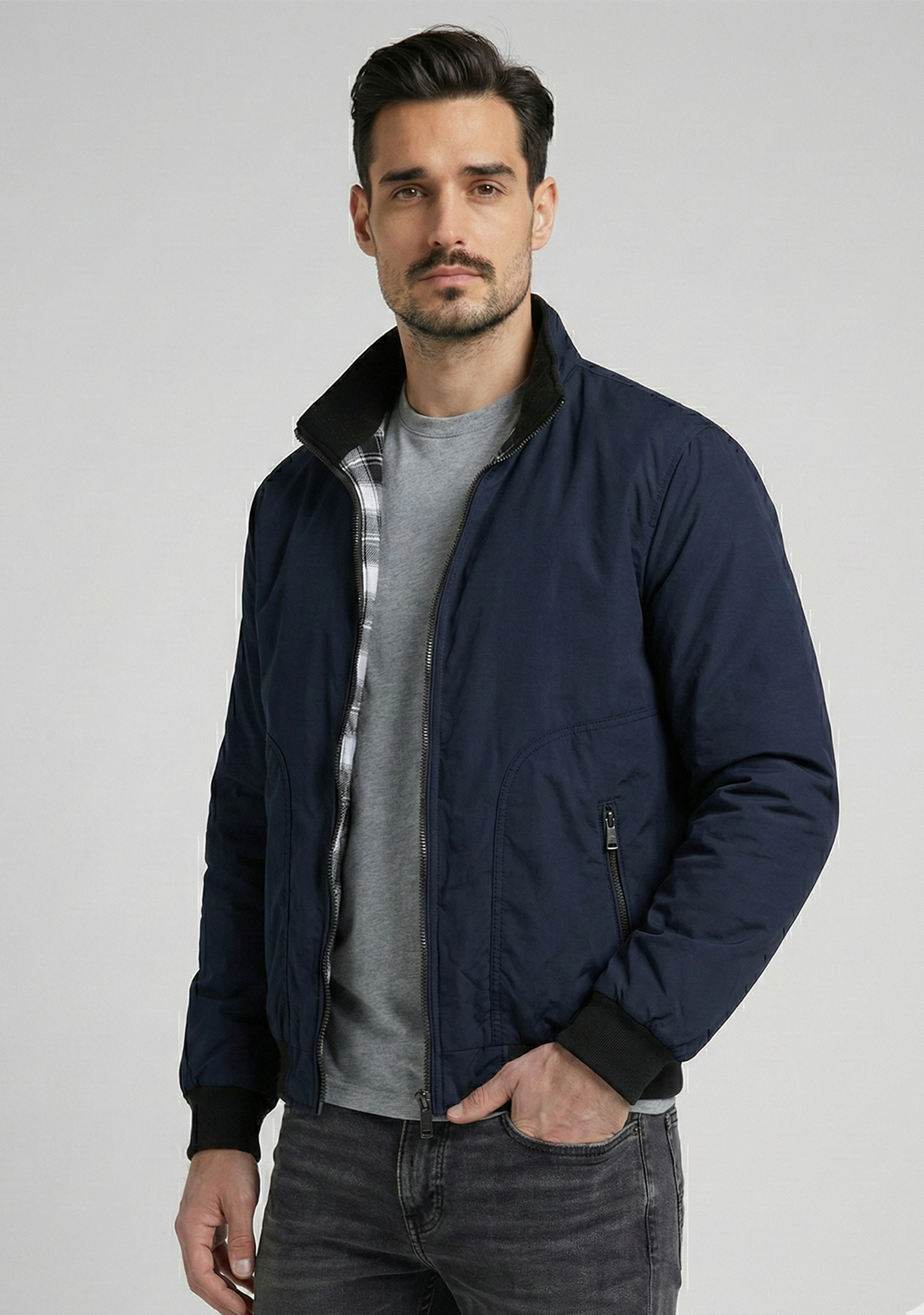 Lightweight Jacket with Stand Collar and Plaid Inner Lining | Connor – Navy Blue