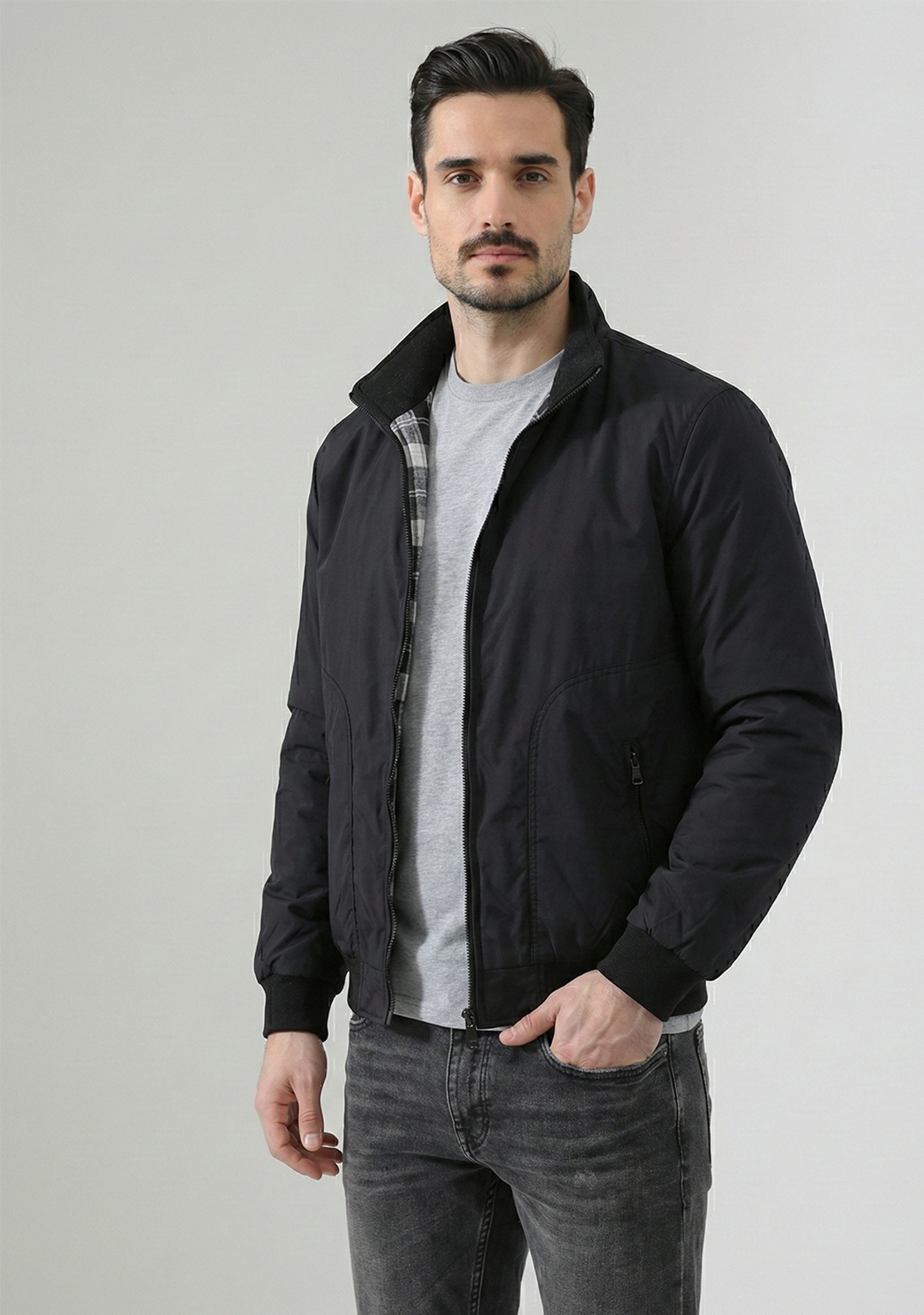 Lightweight Jacket with Stand Collar and Plaid Inner Lining | Marc – Black