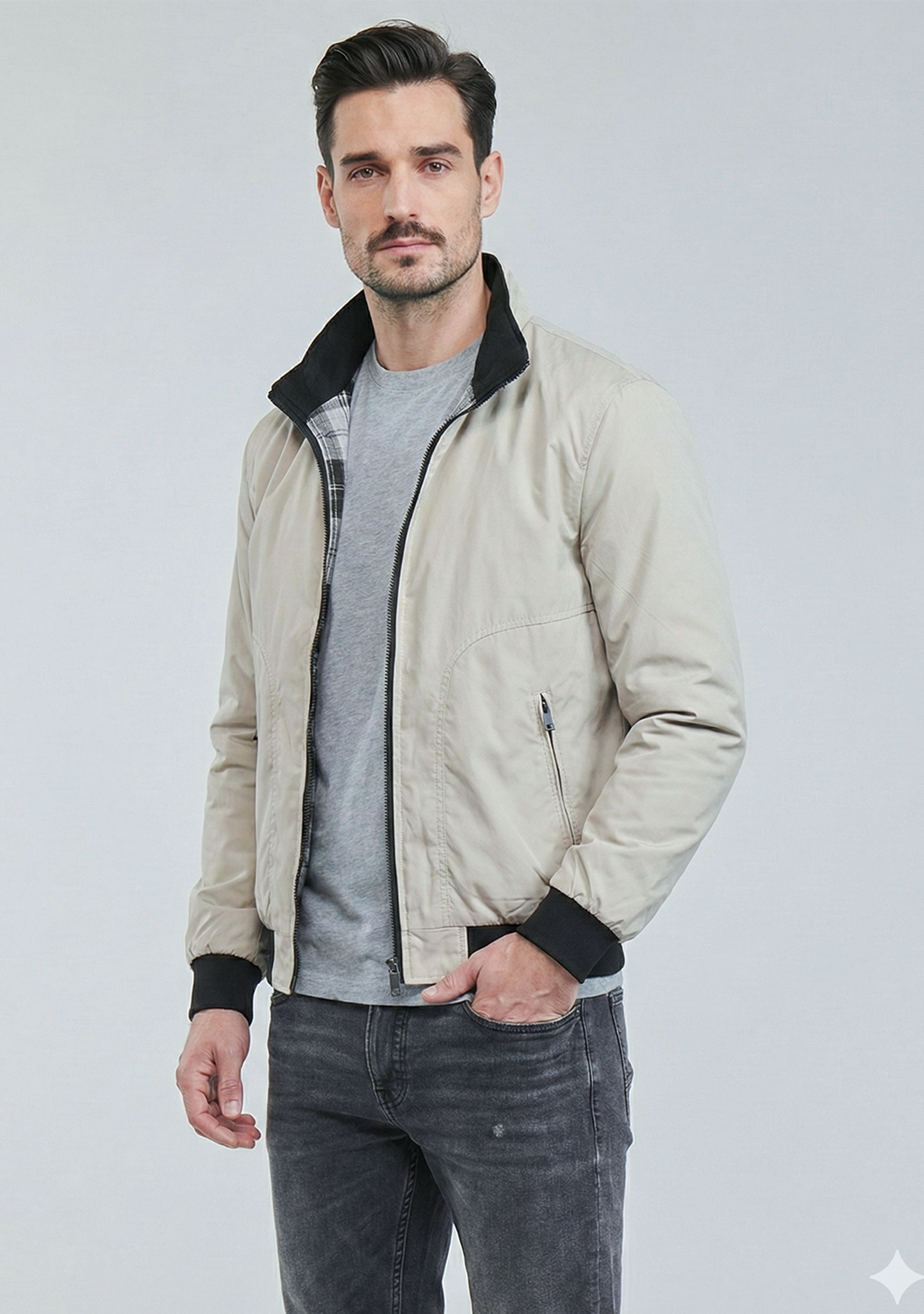 Lightweight Jacket with Stand Collar and Plaid Inner Lining | Daniel – Cream