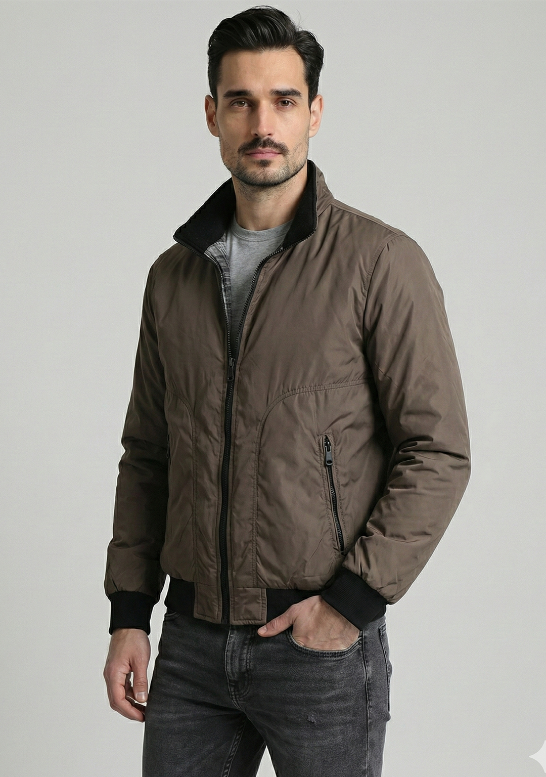 Lightweight Jacket with Stand Collar and Plaid Inner Lining | Ryan – Mocha Brown