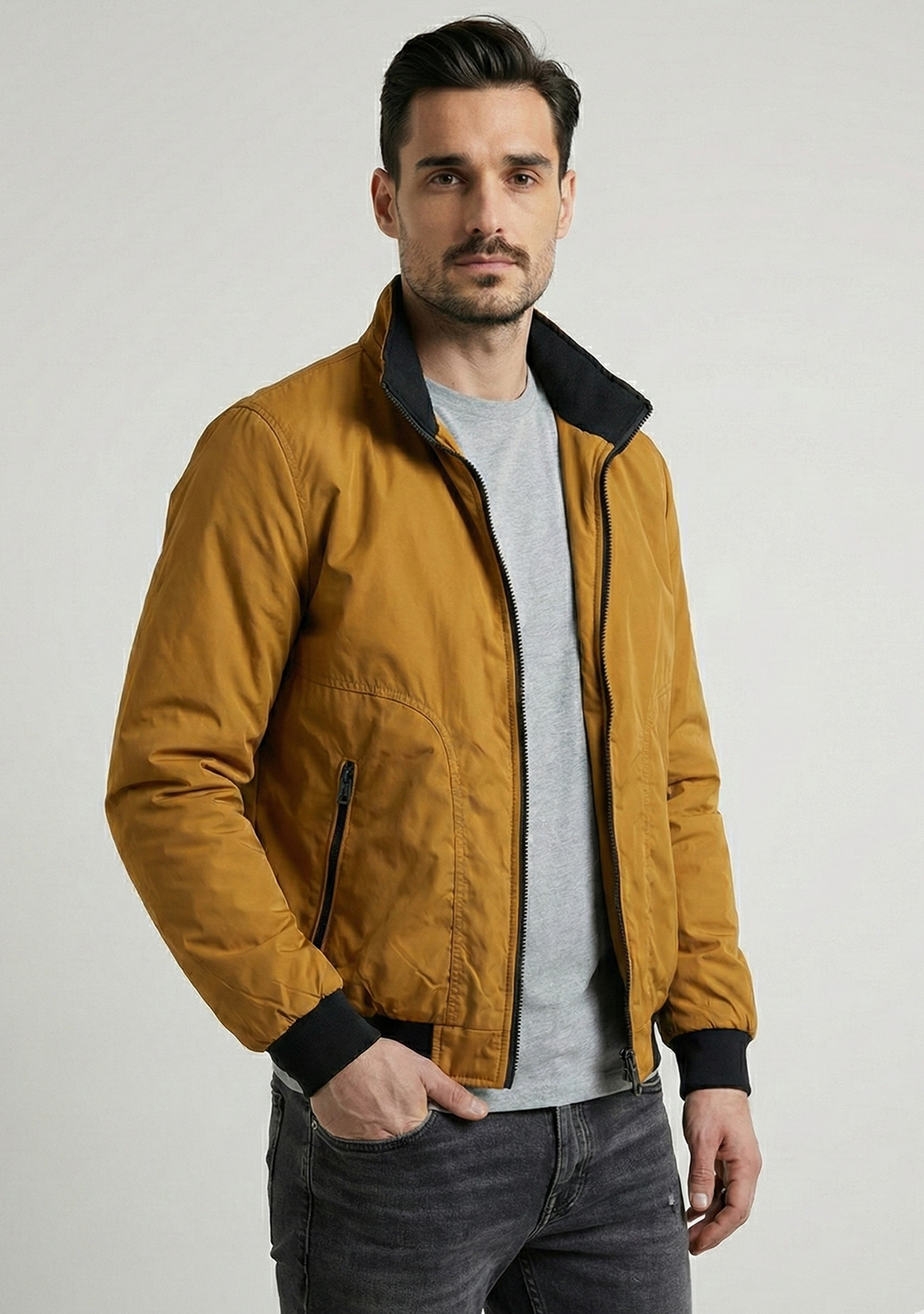Lightweight Jacket with Stand Collar and Plaid Inner Lining | Owen – Mustard Yellow