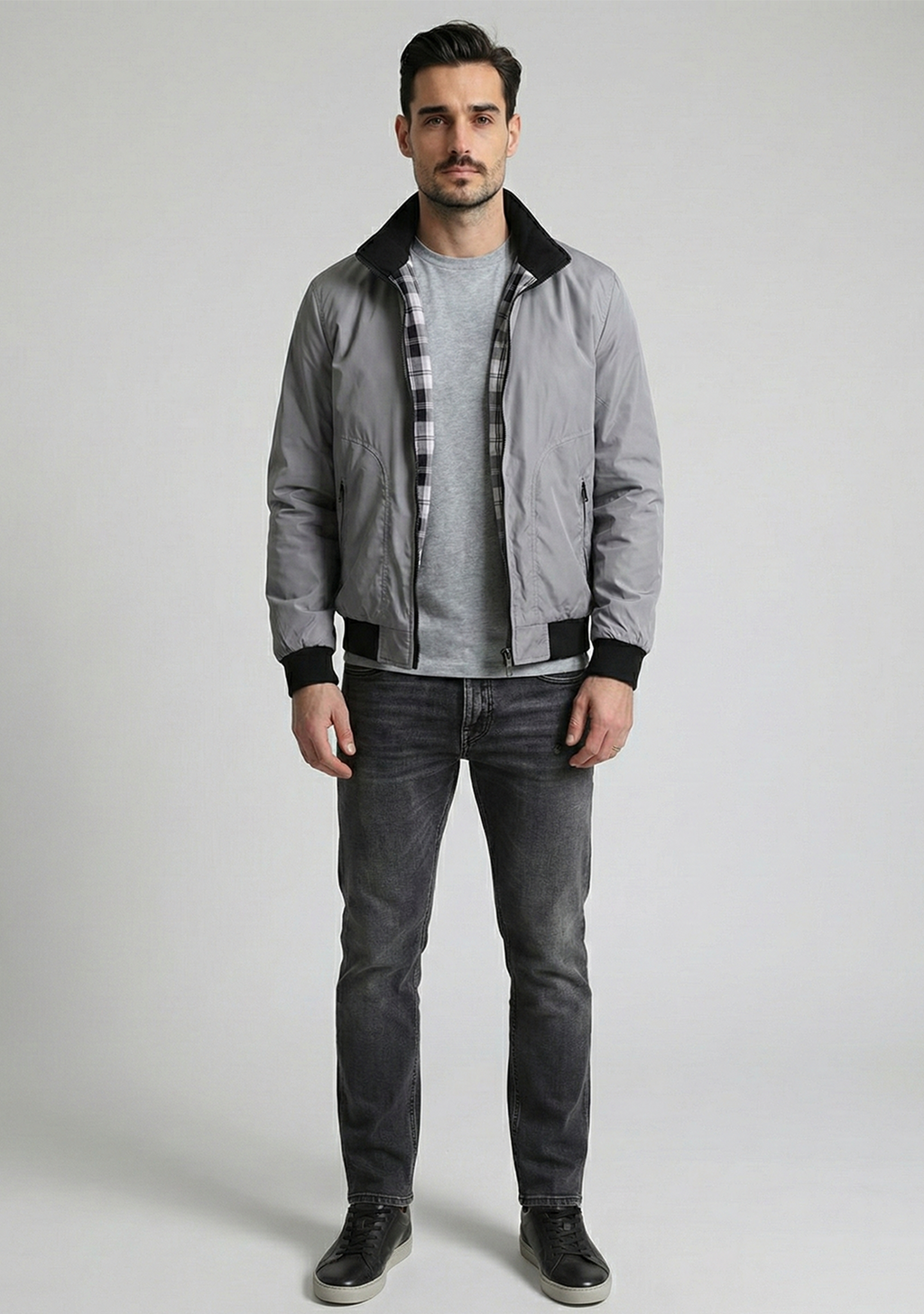 Lightweight Jacket with Stand Collar and Plaid Inner Lining | Lucas – Light Gray