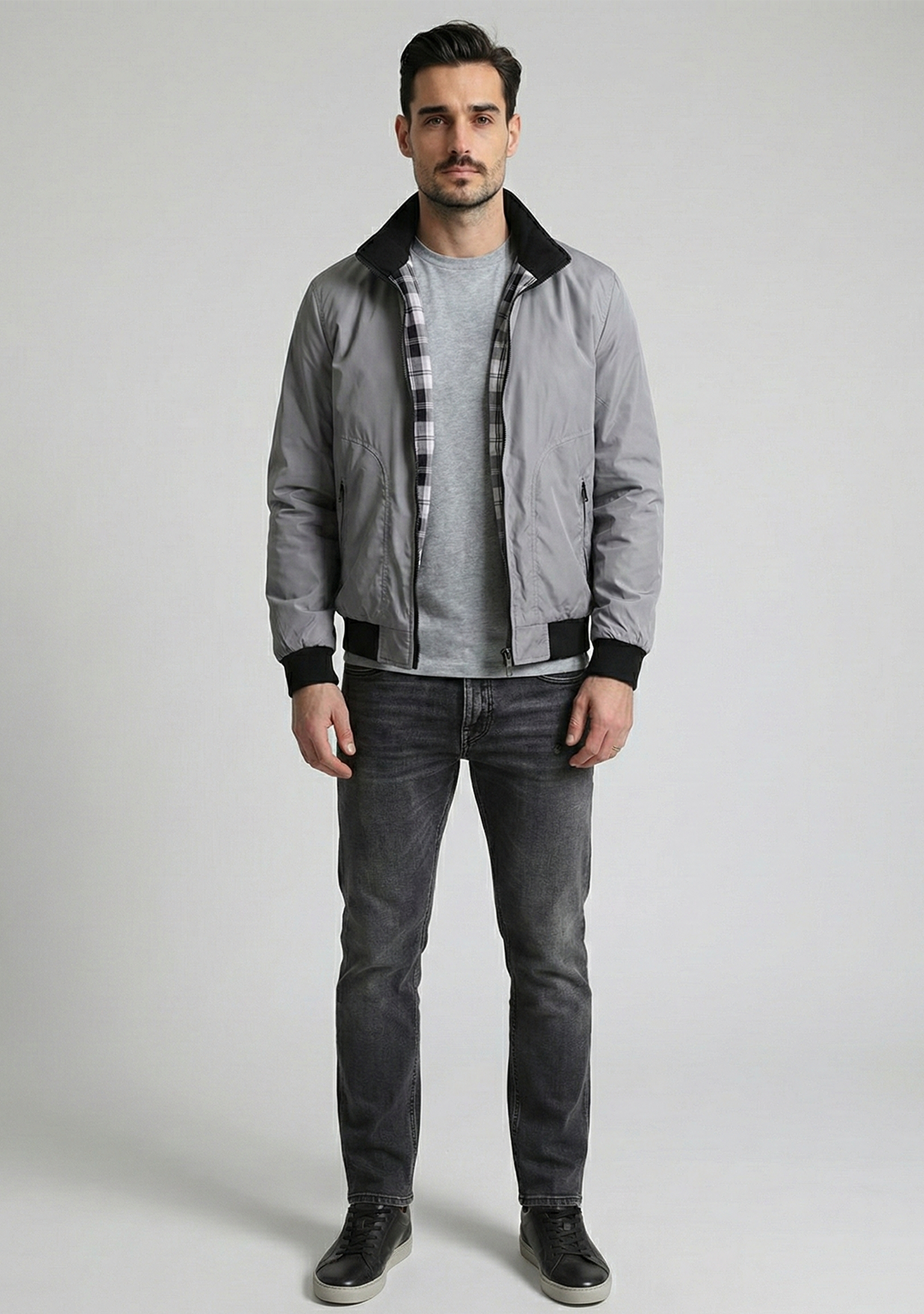 Lightweight Jacket with Stand Collar and Plaid Inner Lining | Lucas – Light Gray