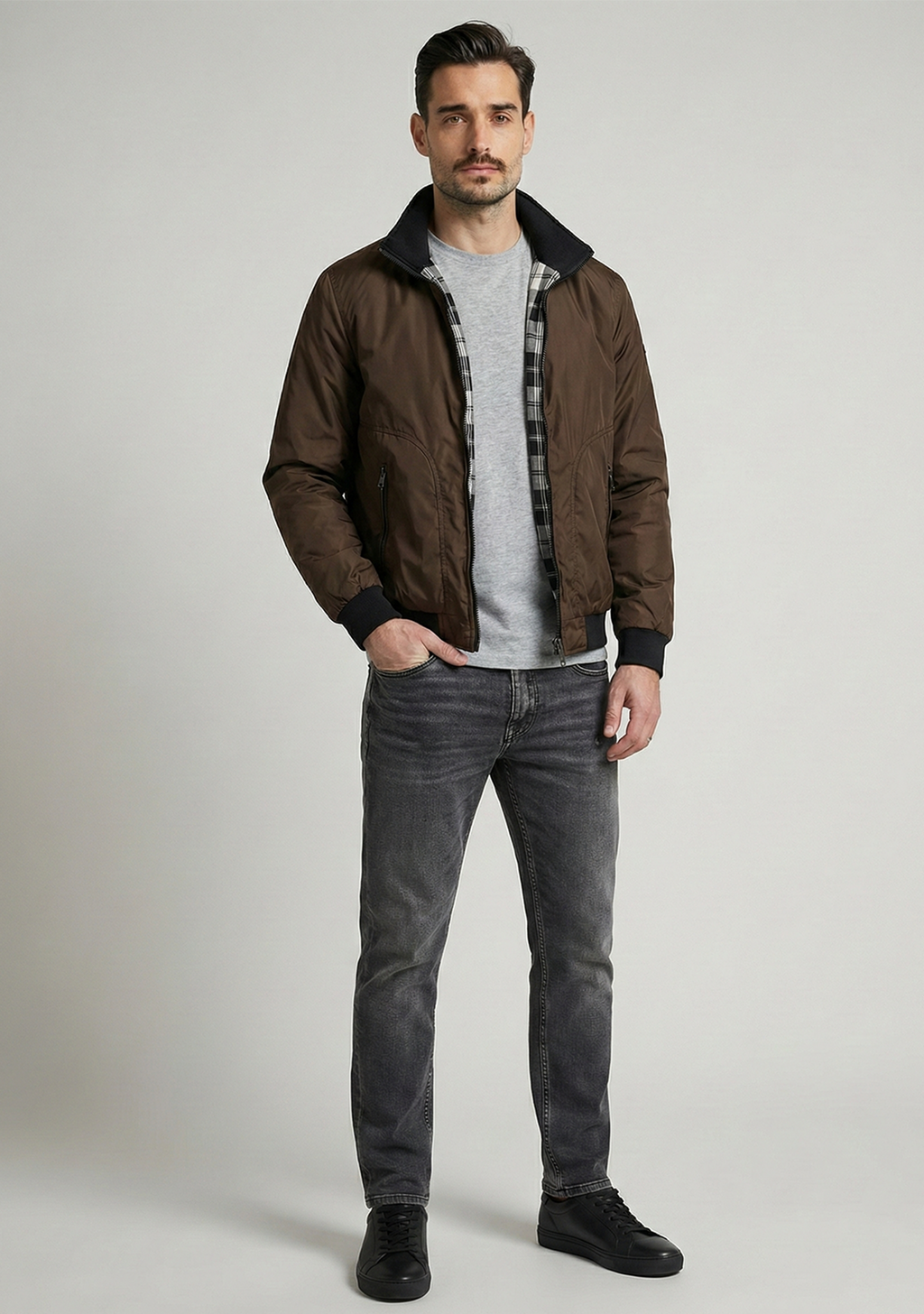 Lightweight Jacket with Stand Collar and Plaid Inner Lining | Mason – Coffee Brown