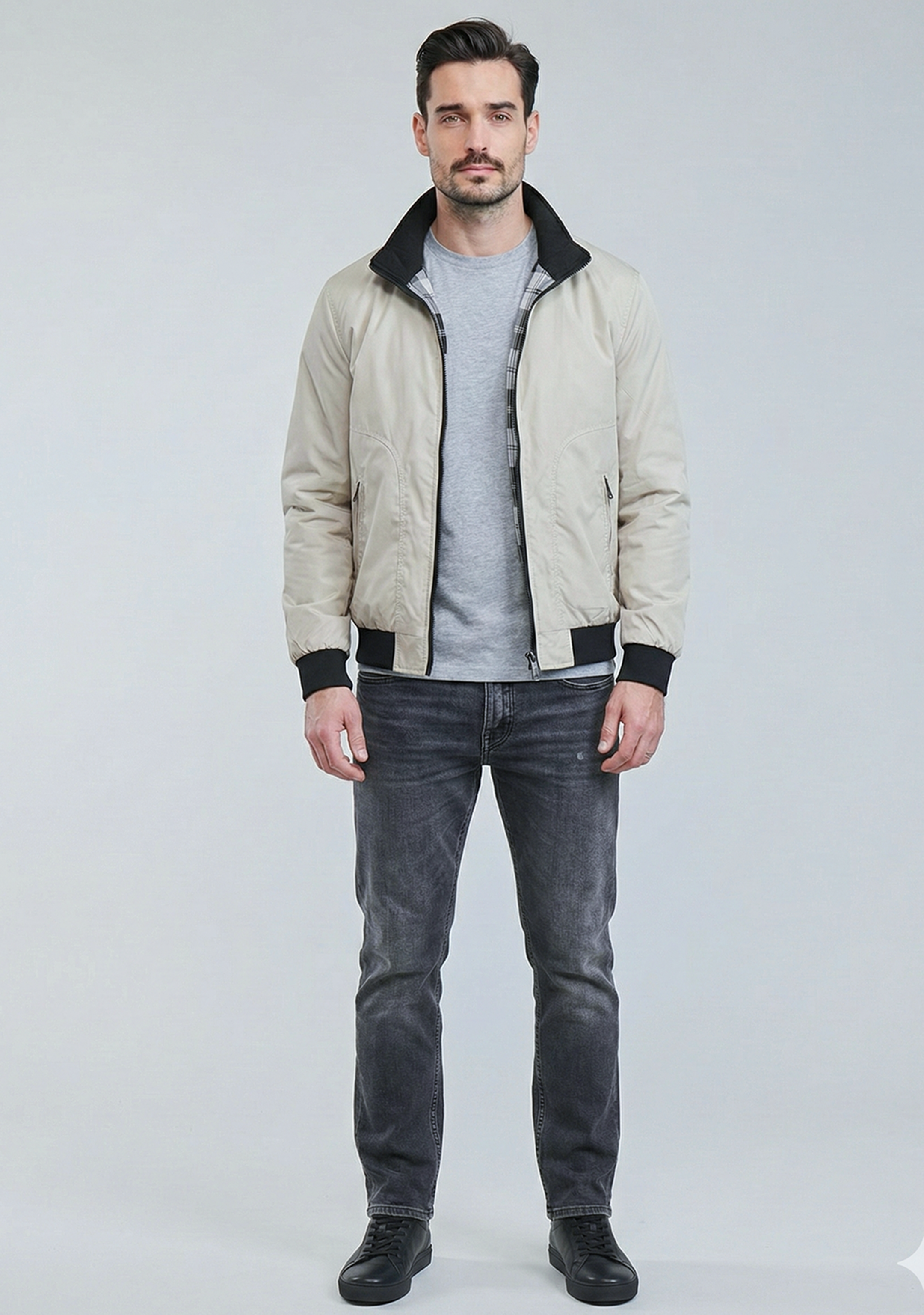 Lightweight Jacket with Stand Collar and Plaid Inner Lining | Daniel – Cream
