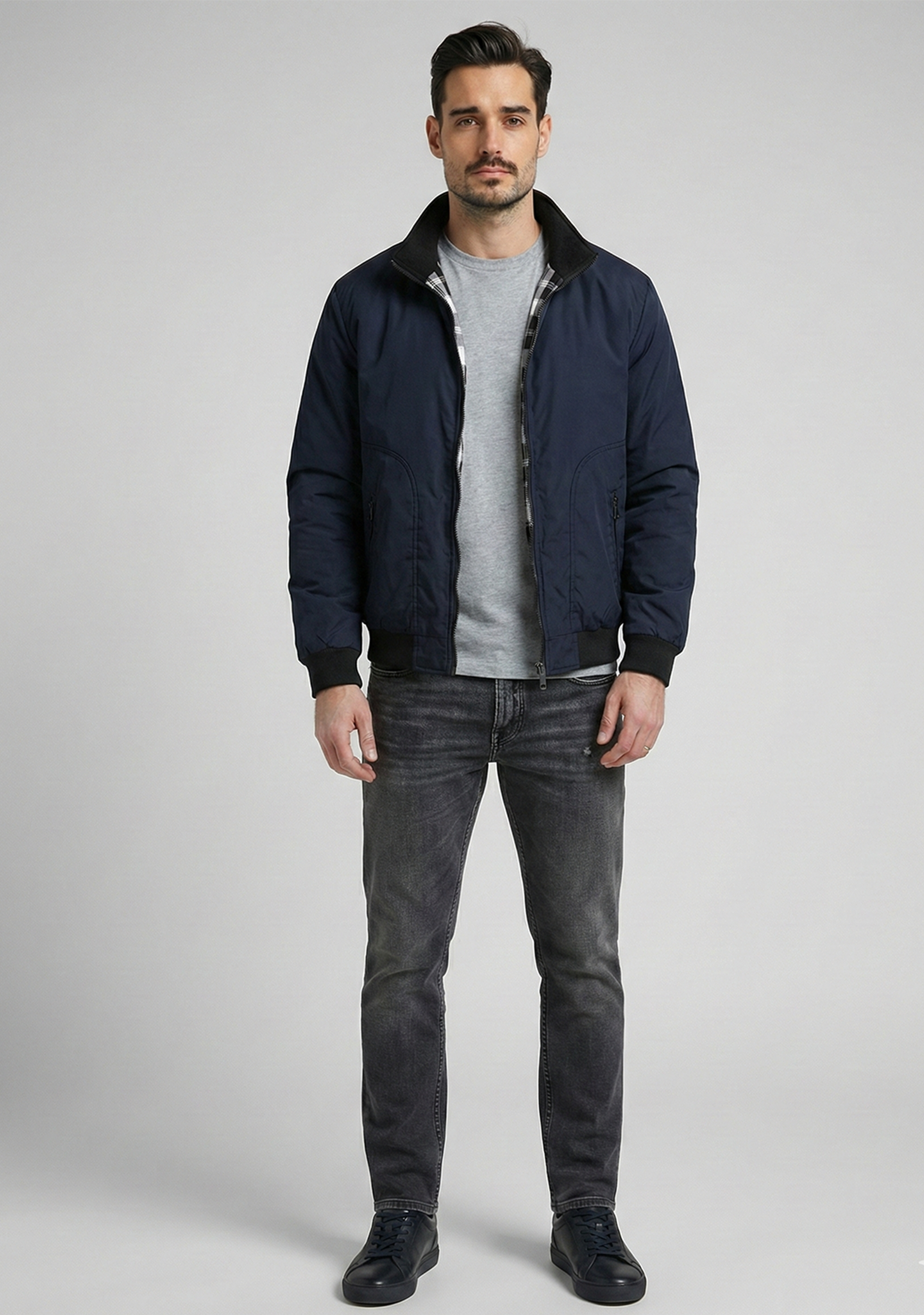 Lightweight Jacket with Stand Collar and Plaid Inner Lining | Connor – Navy Blue